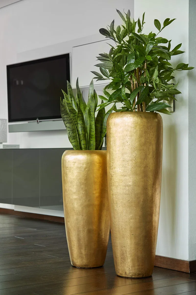 Klocke Pflanzgefäße Edle & Hochwertige Pflanzvase/Pflanzkübel - Fiberglas - Mit Einsatz – Indoor – Metallic/Metallisch Blumenkübel/Pflanzgefäß/Vase/Kübel (Klein: 75cm, Gold)