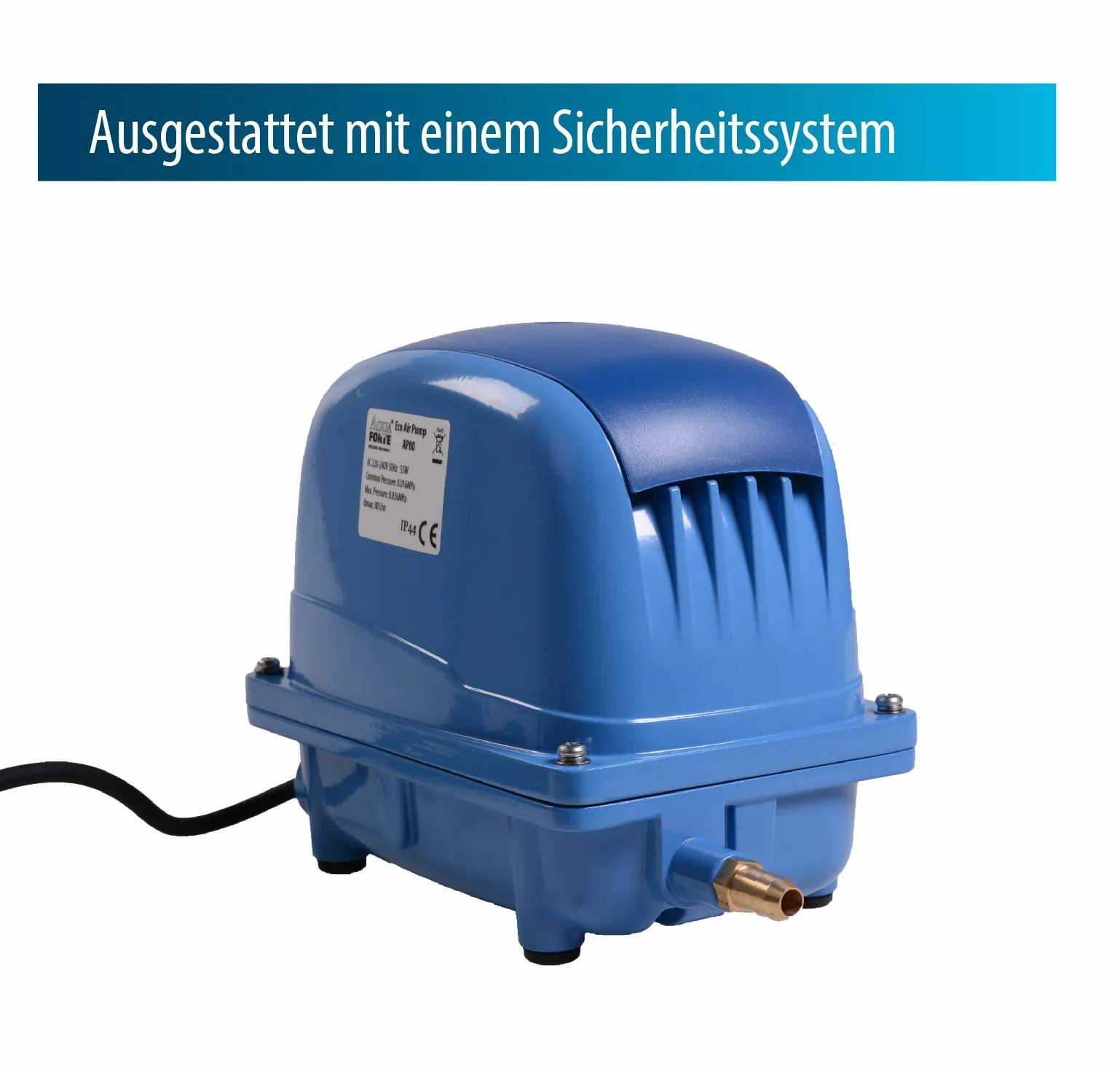 AquaForte AP-35 Luftpumpe, 20 Watt, Max. Druck 2,8 m, Geeignet für Pools und Teiche bis 18m3, Fische max. 15.000 Liter, Koi max. 7.500 Liter, 2,7 kg, Ausgang 16,5 mm