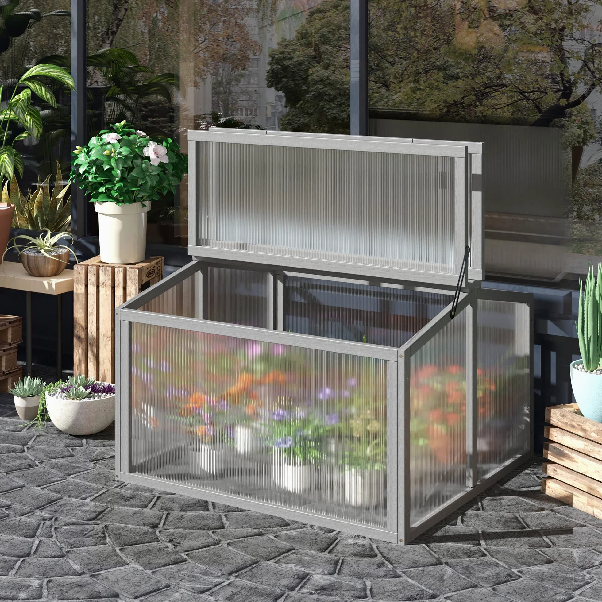 Outsunny Frühbeet Treibhaus Gewächshaus Frühbeetkasten Pflanzenbeet mit Abdeckung aus Holz und Polycarbonat wetterfest Hellgrau 90 x 80 x 58 cm