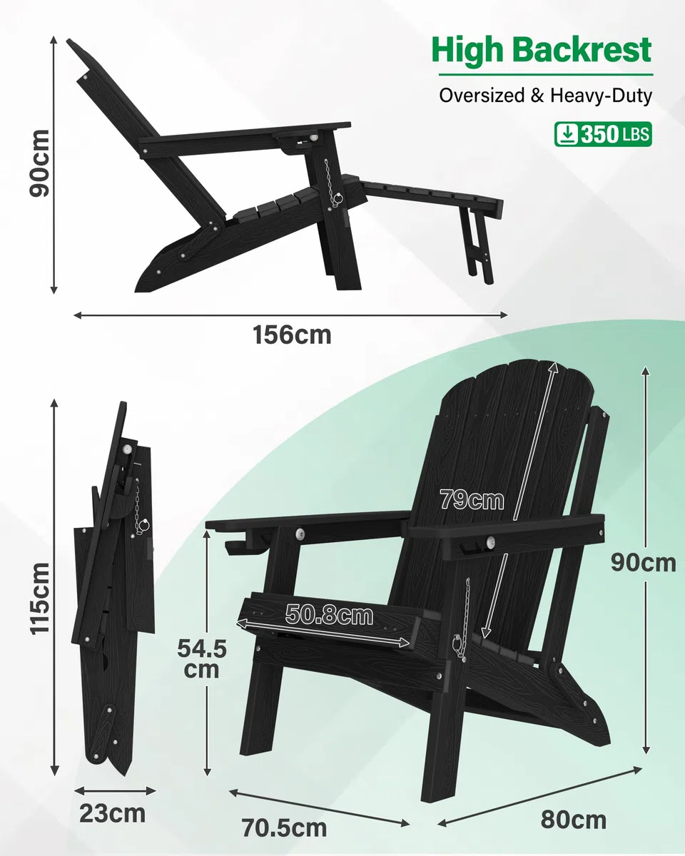 MXIMU Adirondack Stuhl Klappbar für Garten: Adirondack Chair Kunststoff mit Fußstütze & 3-Fach Verstellbarer Rückenlehne - Wetterfest HDPE Outdoor Stuhl für Balkon/Terrasse/Pool/Beach(Schwarz)