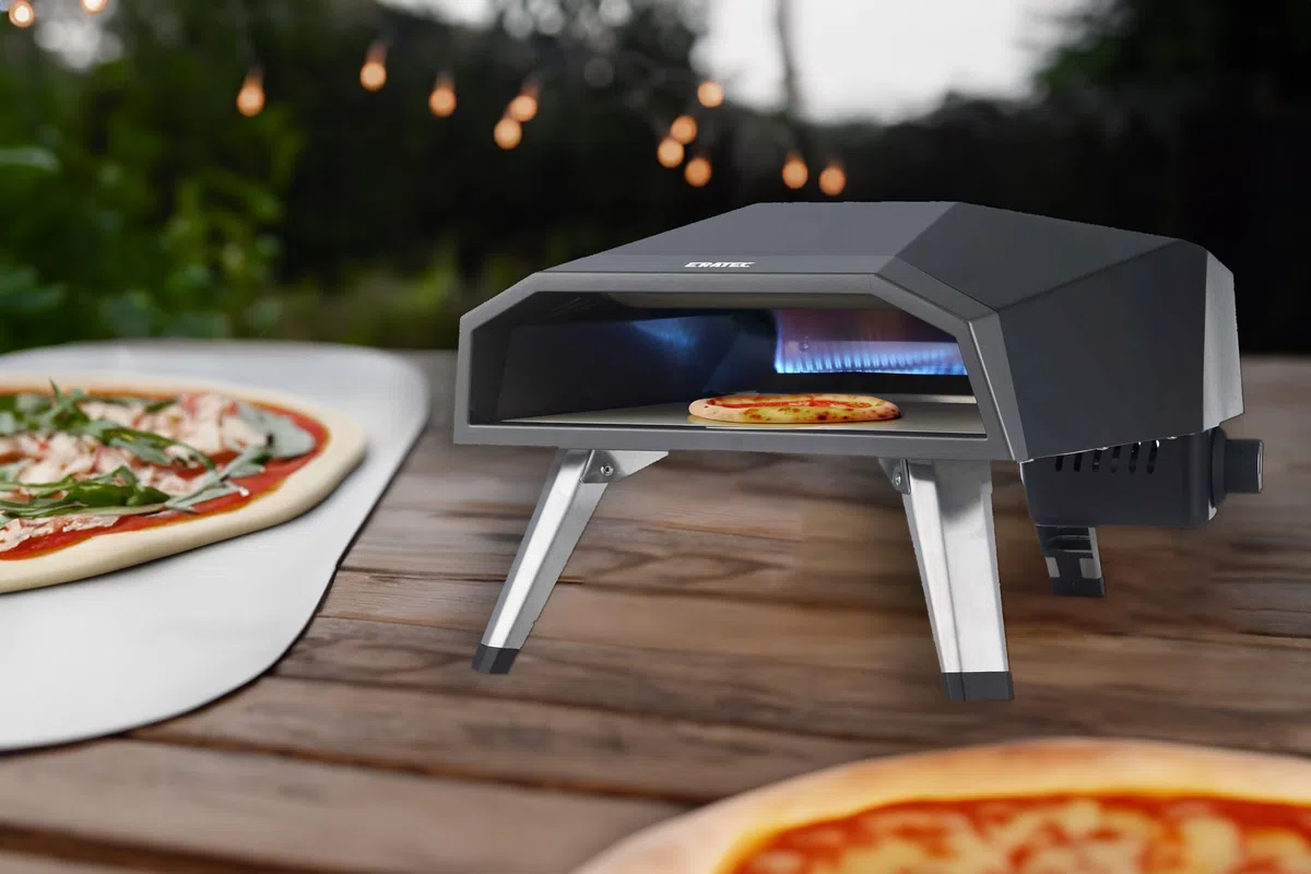 ERATEC Gas Pizzaofen GPM-16, Silber Edelstahl, 80x60x50cm, Outdoor Gasbrenner mit Pizzastein und Druckregler, Freistehend für Garten und Terrasse