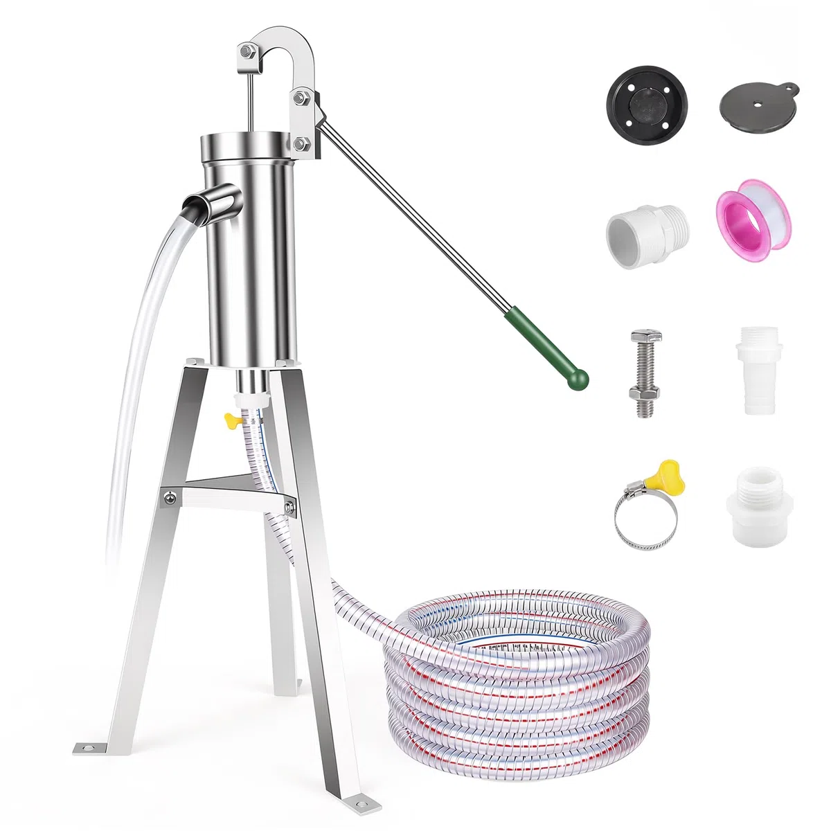 Schwengelpumpe Set, Schwengelpumpe Komplett Set mit 58 cm Ständer & 5 m Schlauch, Handpumpe Wasserpumpe Gartenpumpe Edelstahl Haushalt Grundwasserpumpe Brunnen für Gartenhof Hof und Bauernhof