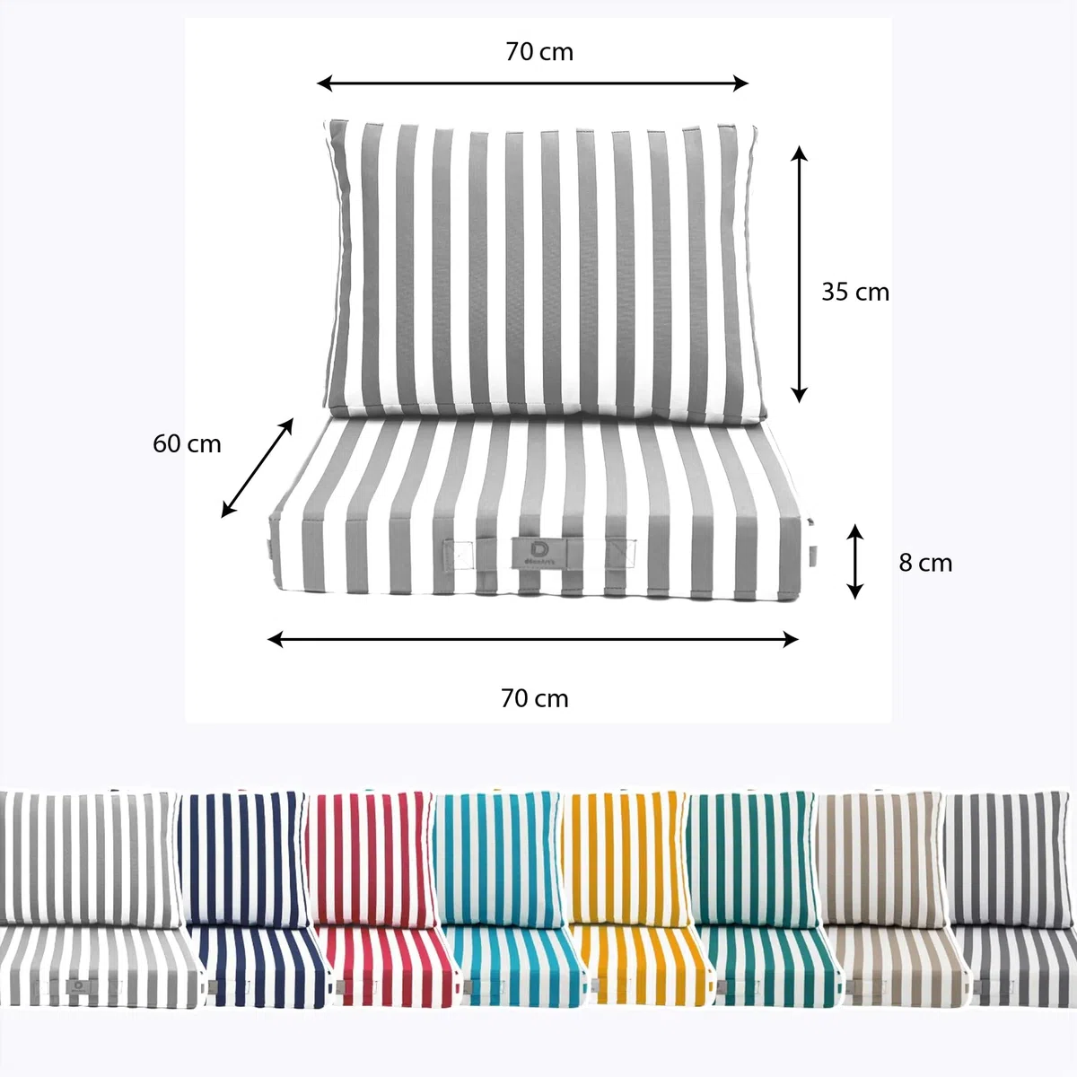 Déco Arts — 2er Set Gartenmöbel-Kissen Abnehmbar 70x60 XL — Sitz 70x60 + Rücken 70x35 cm — Wasserdicht UV-beständig — Ersatz für Gartenmöbel Terrasse Balkon Wintergarten — Gestreift Hellgrau