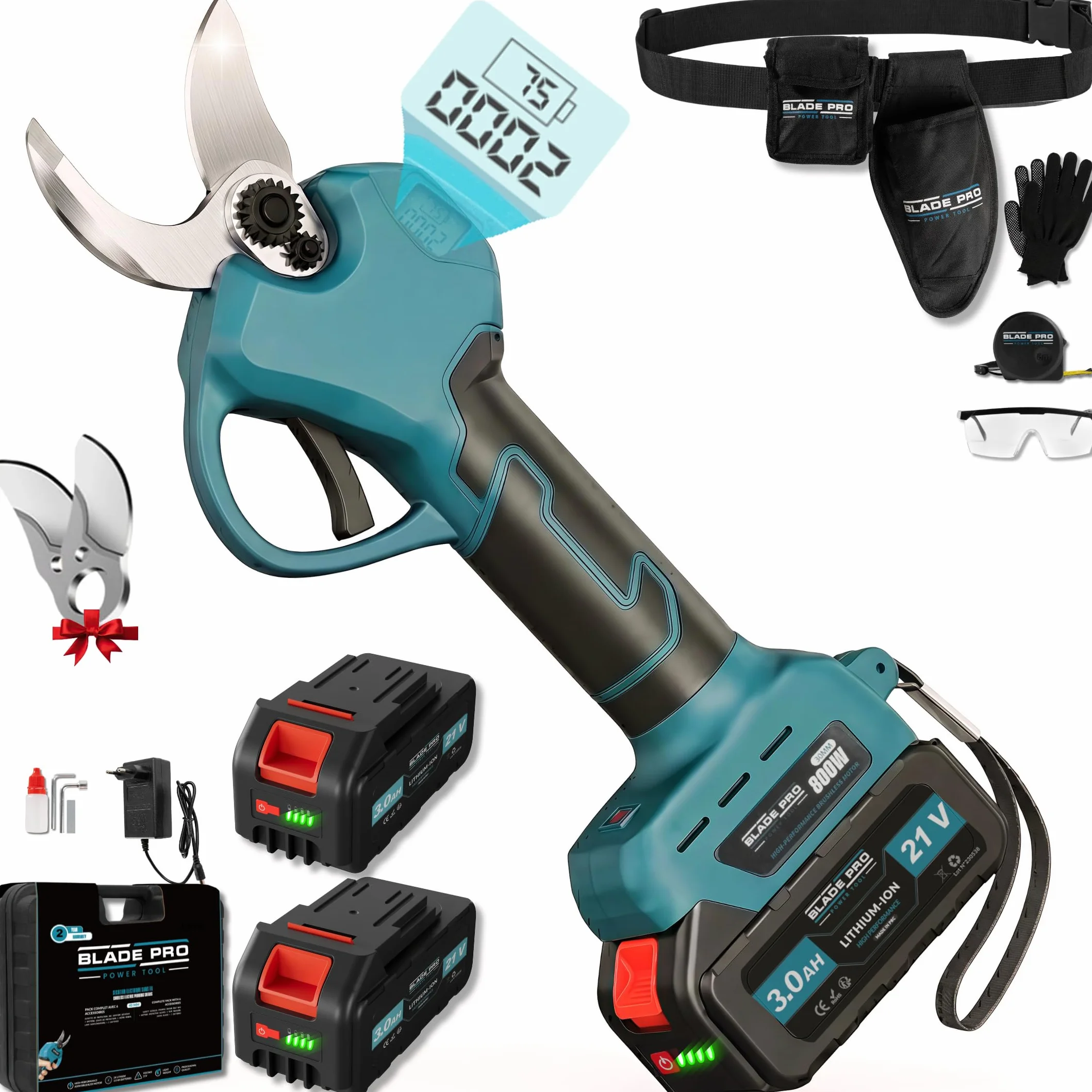 Akku Astschere bis zu 40mm Elektrische Gartenschere 6000mAh — Kabellos für Makita 18V — Bürstenloser Motor 800W — LCD Display — 10-teiliges Set BLADEPRO