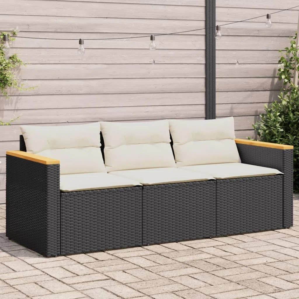Refined Gartensofa 3-Sitzer, Loungesofa Sofa mit mit Kissen, Sitzgruppe Stahlrahmen, Gartenmöbel Lounge Rattanmöbel (Schwarz)