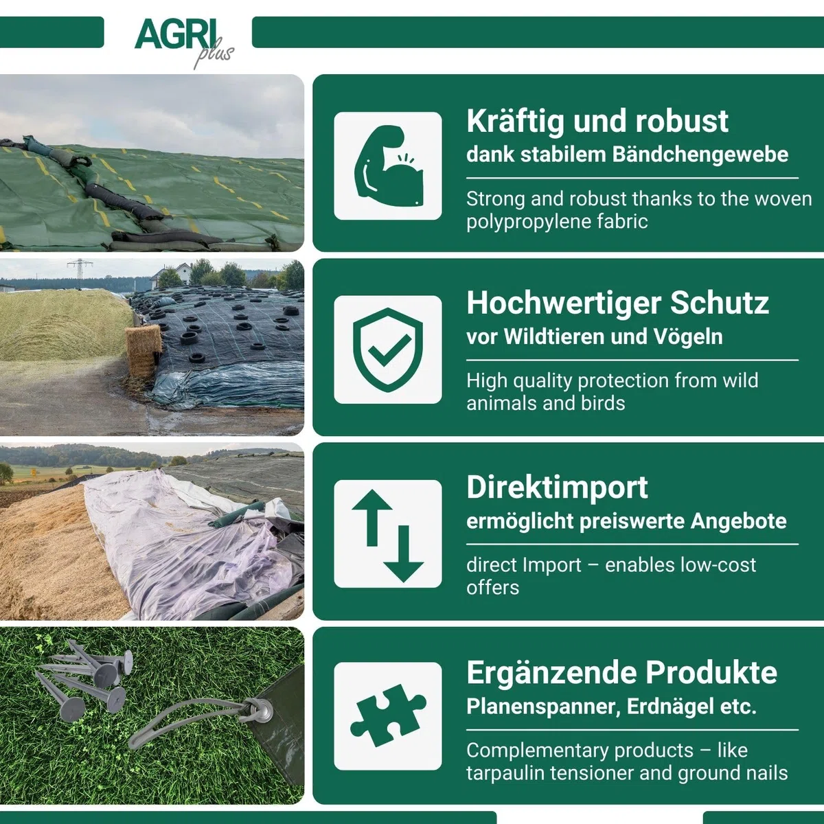 AGRI plus Siloschutzgitter 5 x 7 m - Grün I Hochwertiges 220 g/m² Silonetz aus reißfestem Monofilgewebe I Ringsum gesäumtes Vogelschutzgitter I Netzabdeckung wetterfest & UV-beständig