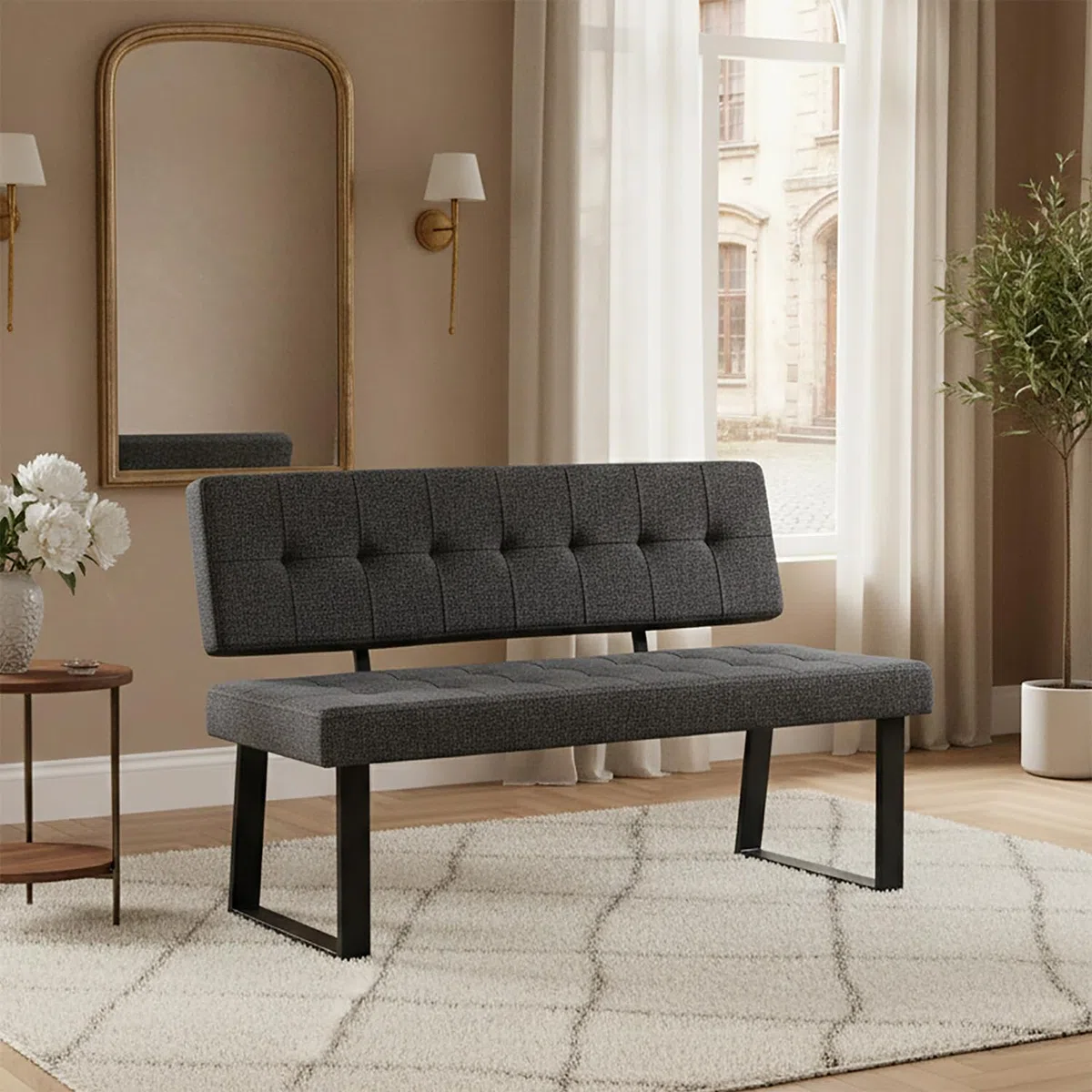 B&D home Sitzbank Sigfrid - Eckbank Esszimmer Mit Lehne, Sitzbank Flur, Pflegeleichter Bezug aus Webstoff in Anthrazit, Kaltschaum-Polsterung, Für Esszimmer, Küche & Flur, 140 cm