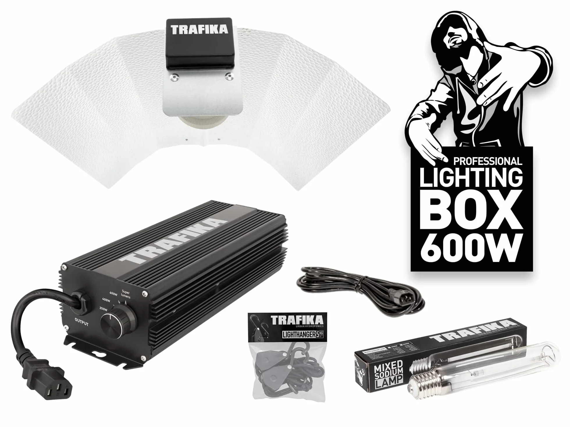 TRAFIKA PFLANZENBELEUCHTUNGS-KIT ELEKTRONISCHES VORSCHALTGERÄT 600W: DIGITALES Ballast 600W + Leuchtmittel + 4M-Kabel + UMLENKROLLEN + Reflektor/BELEUCHTUNGSKIT