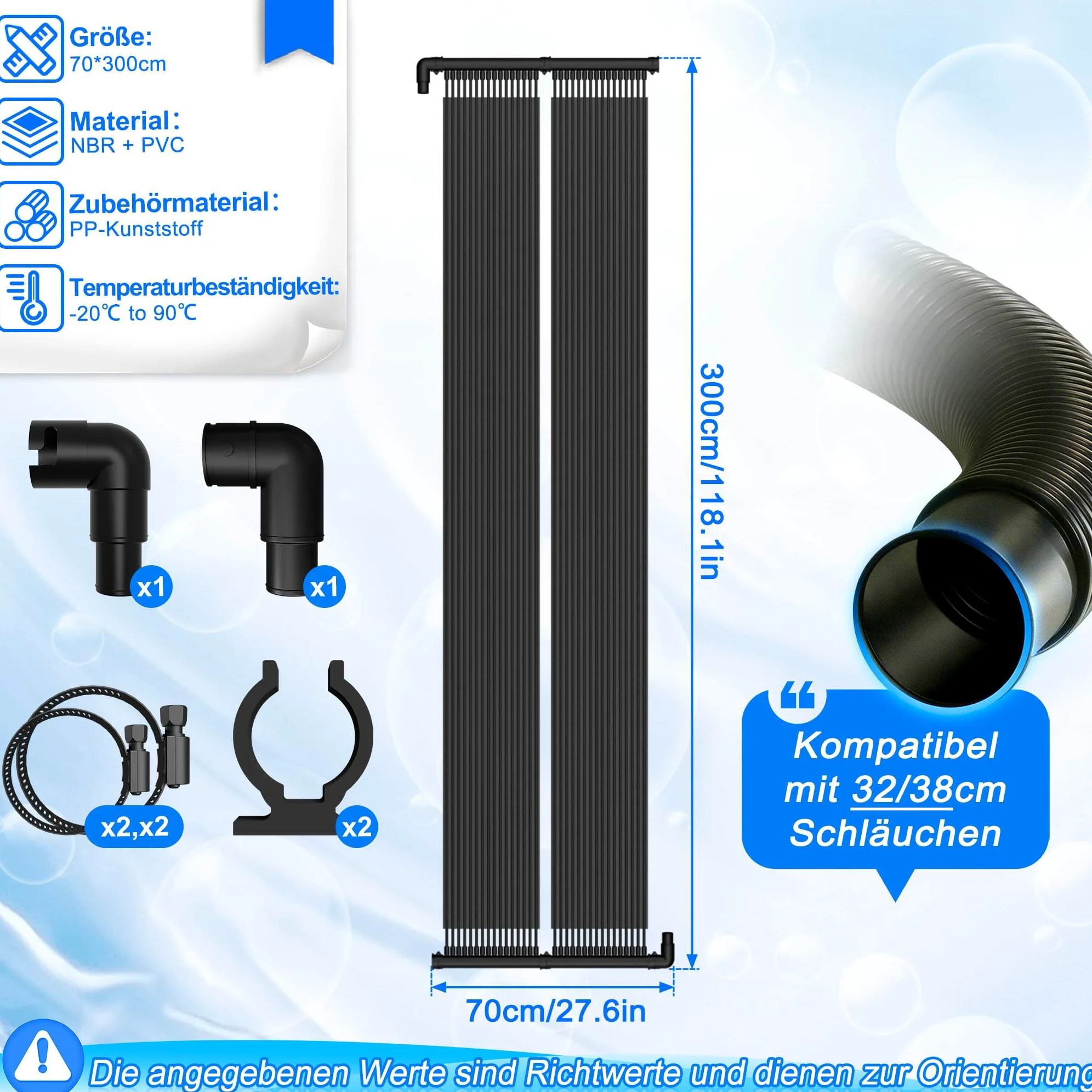 Froadp Solarheizung Solarkollektor für Pool Schwimmbad Warmwasser Heizung, Poolheizung Solar, Solarmatte Schwimmbad Heizmatte aus NBR+PVC, Beliebig Erweiterbar, Schwarz, 300x70cm