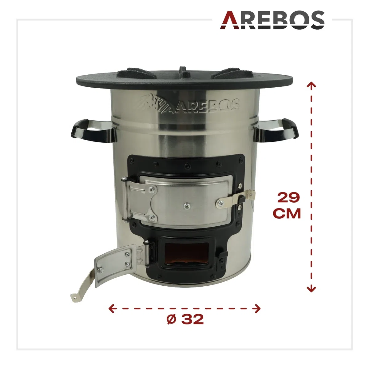 Arebos Raketenofen inkl. Grillpfanne aus Gusseisen mit Tragetasche & Handschuhe | Dutch Oven BBQ | tragbarer Campingkocher Holzofen | Outdoor-Küche | Rocket Stove | Campinggrill Silber