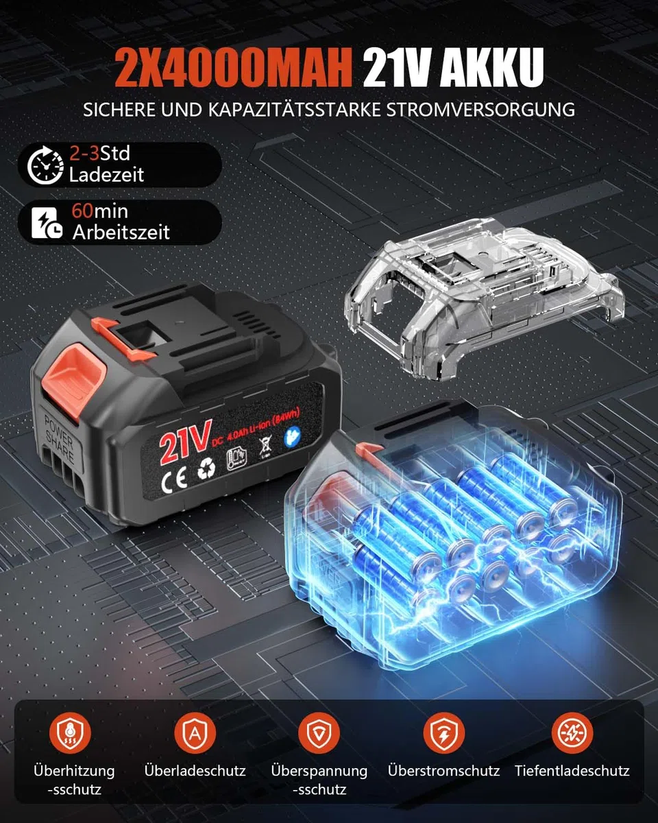 Rasentrimmer mit Akku, 850W Klappbarer Akku Freischneider mit 2X4.0AH Batterien, Akku Rasentrimmer & Rasenkantenschneider mit 4 Messertypen, Elektrischer Motorsense für Garden und Rasen
