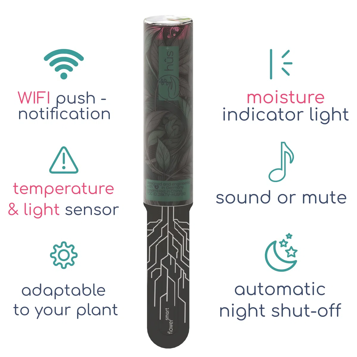 Flower smart 【 A Babysitter for Your Plants 】 Smart WiFi Pflanzensensor Gießanzeiger Feuchtigkeitsmesser für Pflanzen - Bodentester Wasserdicht WLAN Sensor digital (6, Botanical Black)