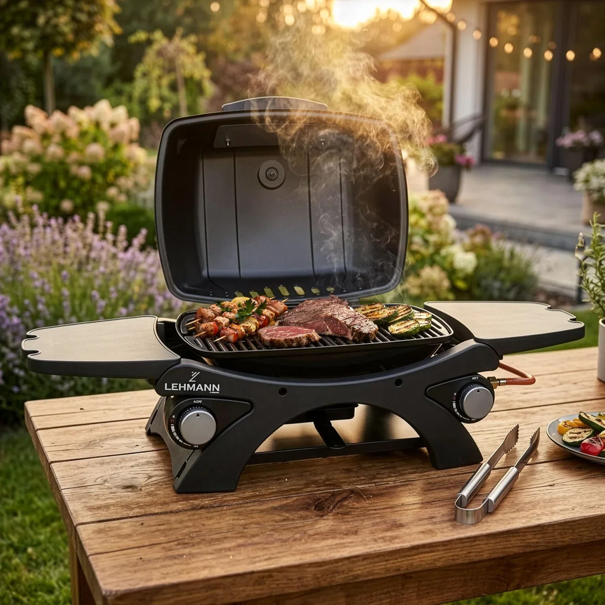 LEHMANN Gasgrill, Tragbarer Tischgasgrill mit 2 Brenner, Thermometer & Seitentischen klappbar, Gusseisen Grillrost mit 1638 cm² Grillfläche, Tischgrill für Outdoor BBQ, Balkon- & Campinggrill