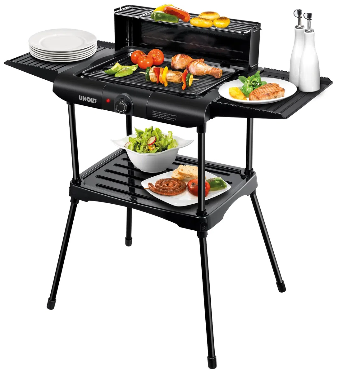 Unold 58565 Vario Barbecue-Grill - Tisch- und Standgrill, Schwarz, 1.600 W, Antihaftbeschichtung, seitliche Ablageflächen, Windschutz, Überhitzungsschutz, Grillplatte aus Druckguss-Aluminium