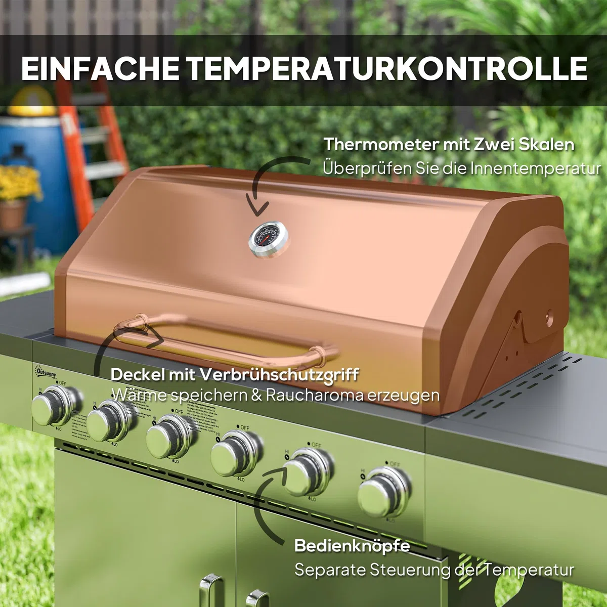Outsunny Gasgrill 8500BTU BBQ Gartengrill inkl 6 Edelstahl-Brenner Rolle Druckminderer Thermometer, Grillwagen mit Gasschlauch Seitenablagen Deckel, für Camping-Grill Balkon, 143 x 55 x 110 cm