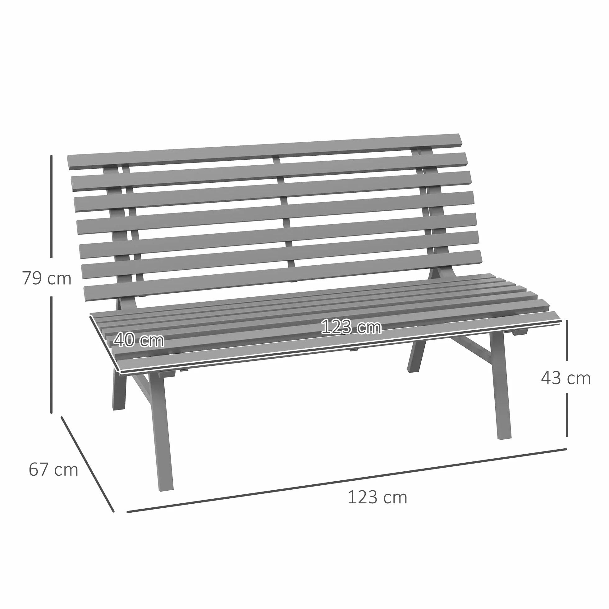 Outsunny 2-Sitzer Gartenbank Alu, wetterfest Sitzbank, UV-Beständig Gartenmöbel mit Lamellen-Design, Parkbank 240kg belastbar, Balkonbank für Balkon Terrasse, Garten, 123x67x79cm, Grau