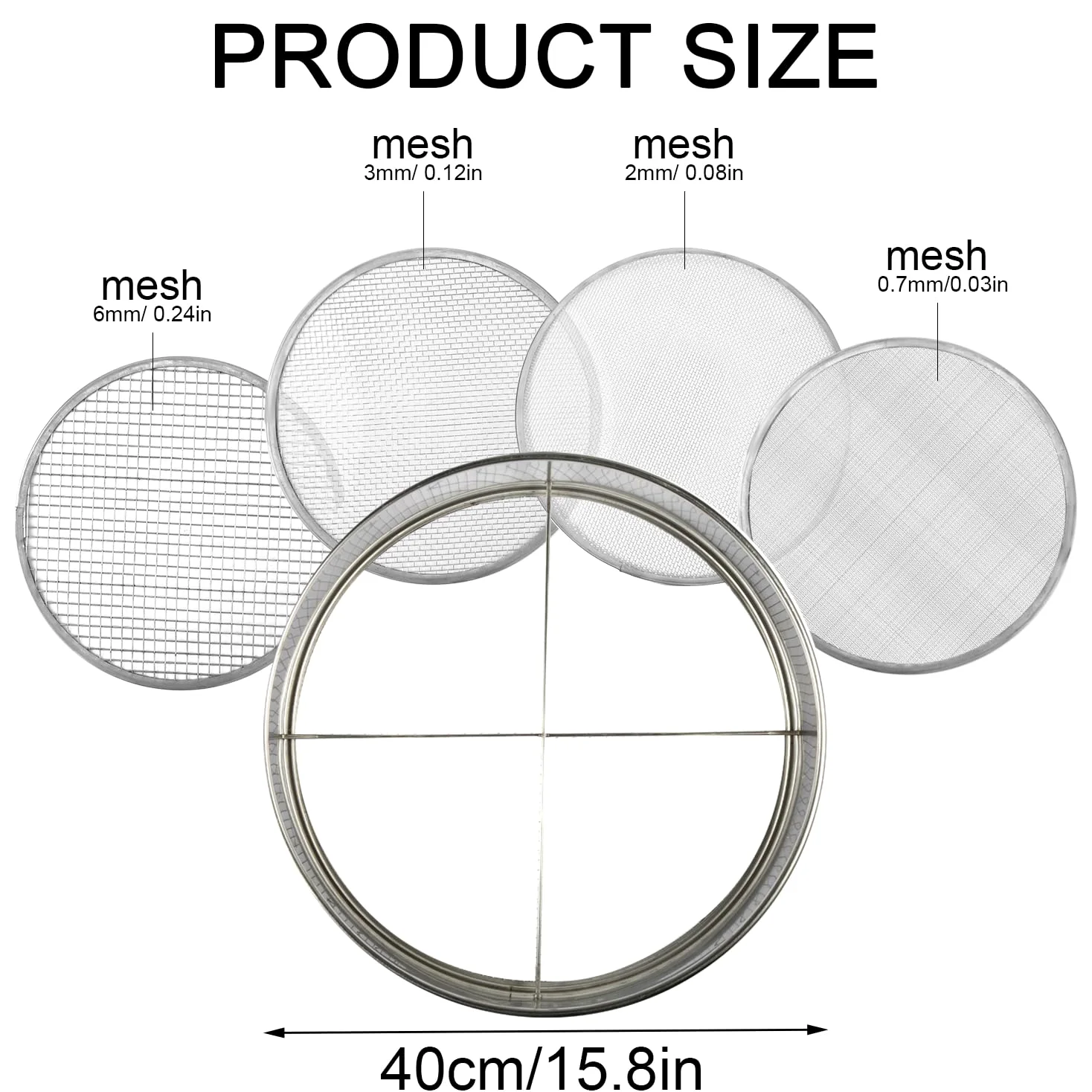 Savita Bodensieb Garten, 1st 40cm Edelstahl Siebpfanne und 4 Stück 0,7/2/3/6mm Maschenweiten Bodensieb Edelstahl Bodensieb Set Schmutz Gartensieb Bodensieb