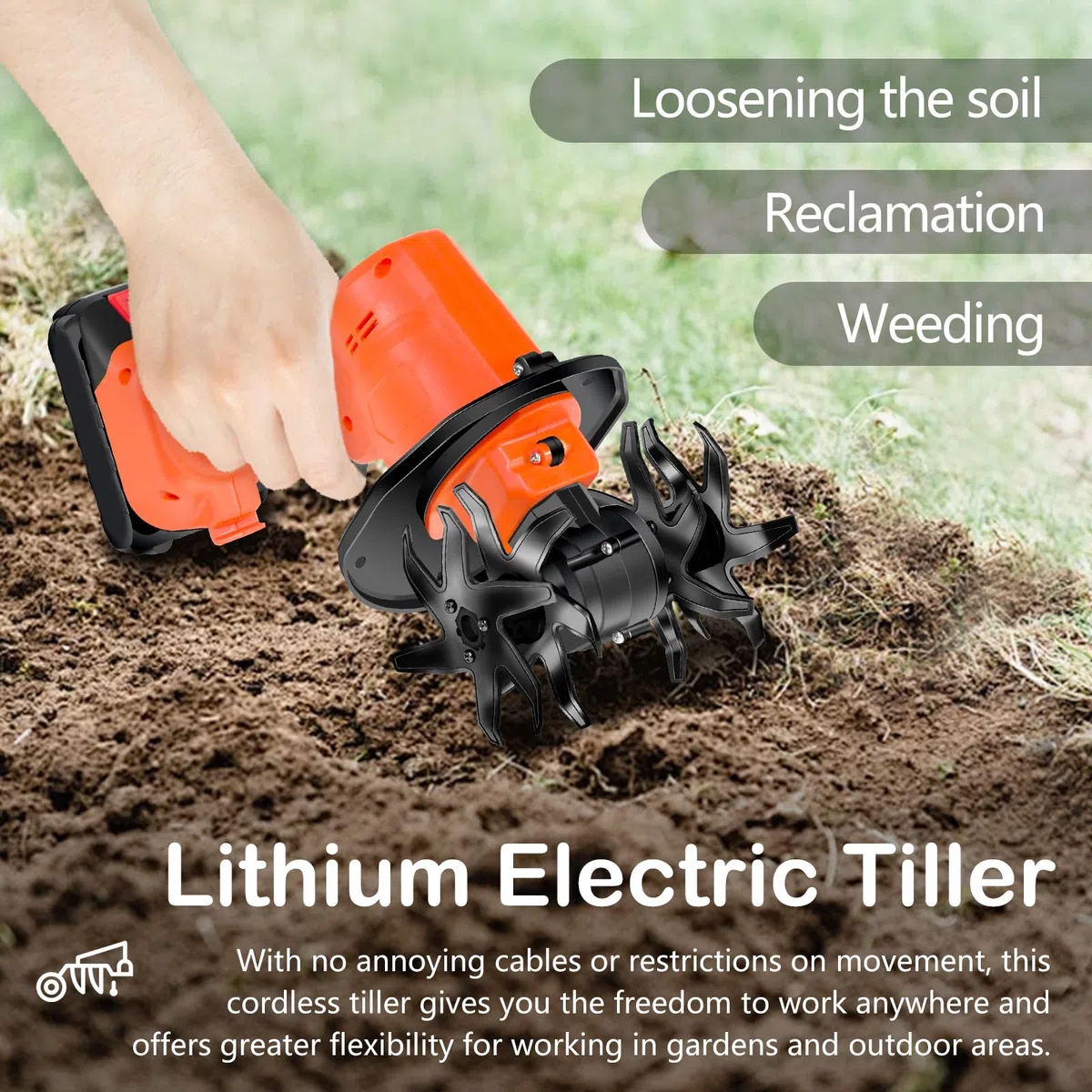 Akku Bodenhacke, 21V Gartenfräse Elektrisch mit 2 Akkus 3000mAh Gartenhacke Garten Geräte mit 4 Metallmesser 10cm Arbeitsbreite 10cm Arbeitstiefe 235 U/min Drehzahl