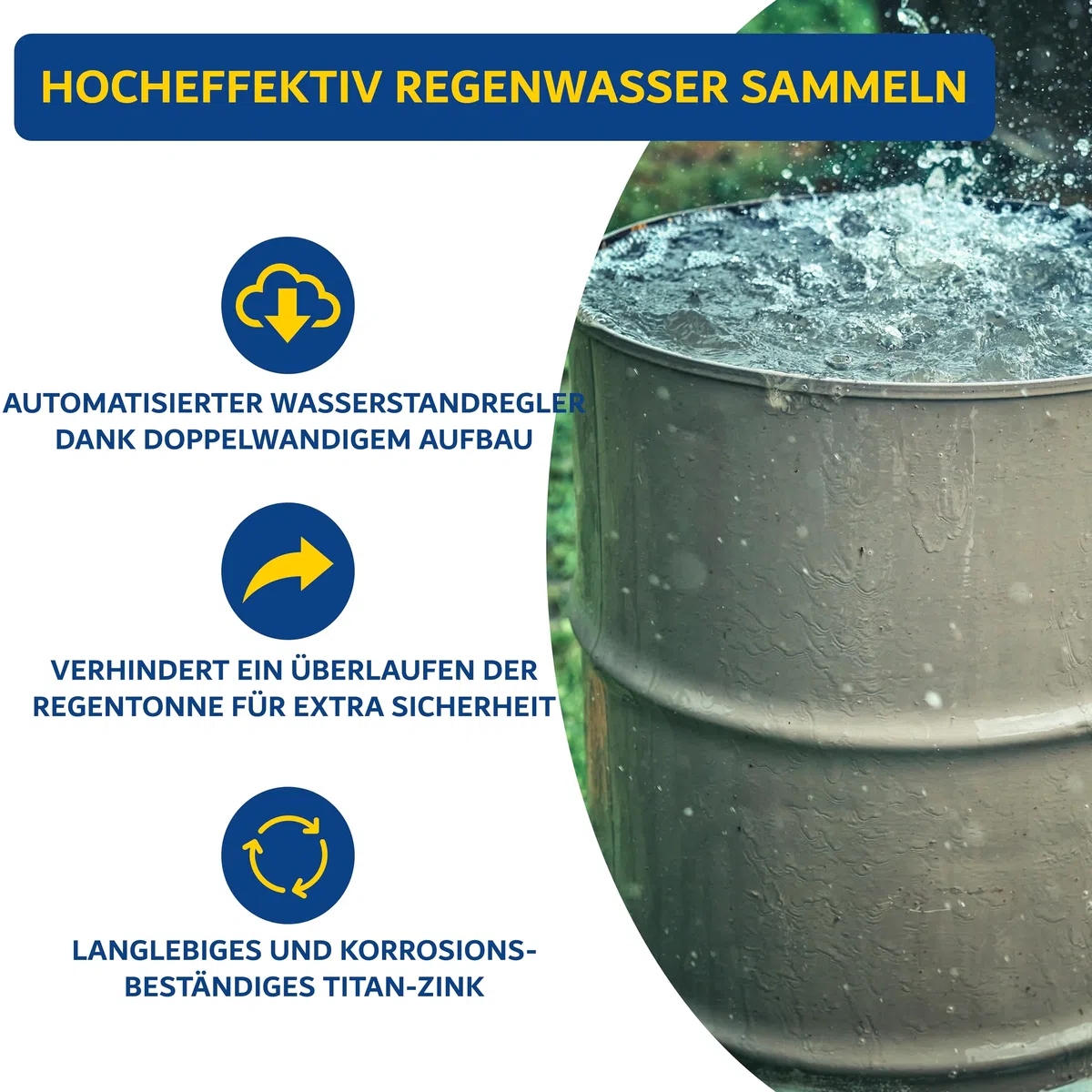 Titanzink Regenwassersammler 120 mm mit Schlauch- und Fassanschluss für Fallrohr 75% Wasser-Ertrag