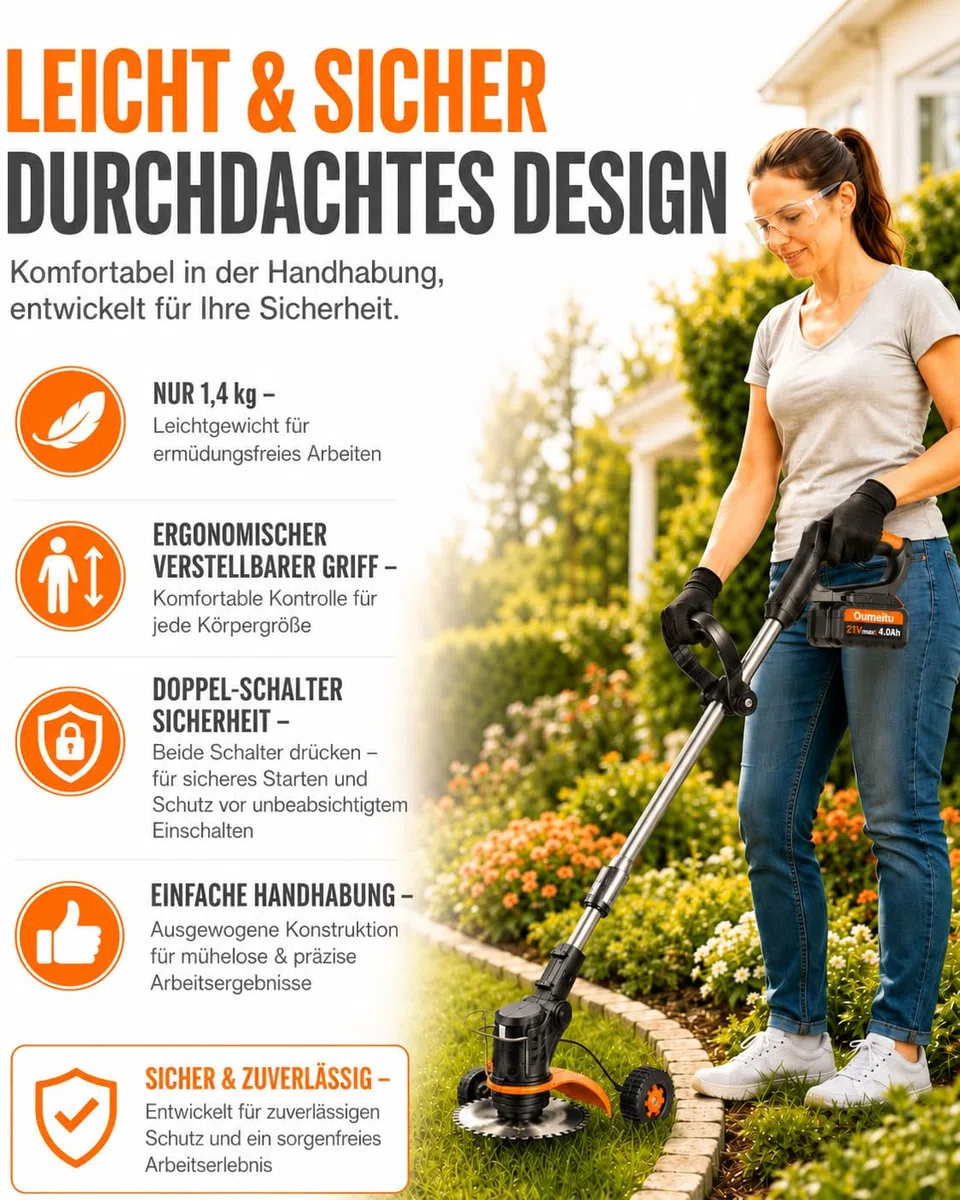 21V Akku Rasentrimmer, 2 x4,0Ah Akku und Ladegerät, 2 in 1 Elektrischer Freischneider/Rasentrimmer mit Akku, Leichter Rasenkantenschneider mit, 5 Messerarten für Rasen, Garten