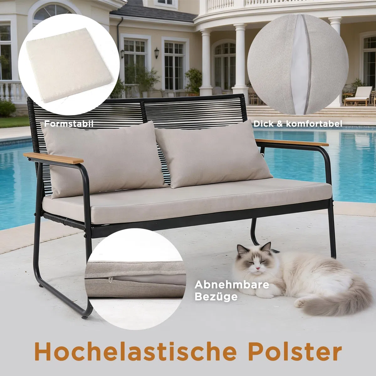 Polyrattan Gartenmöbel Set 3-4 Personen, Gartensofa Set mit Tisch & Kissen, Wetterfest & UV-beständig, Balkonmöbel Sitzgruppe für Terrasse & Garten