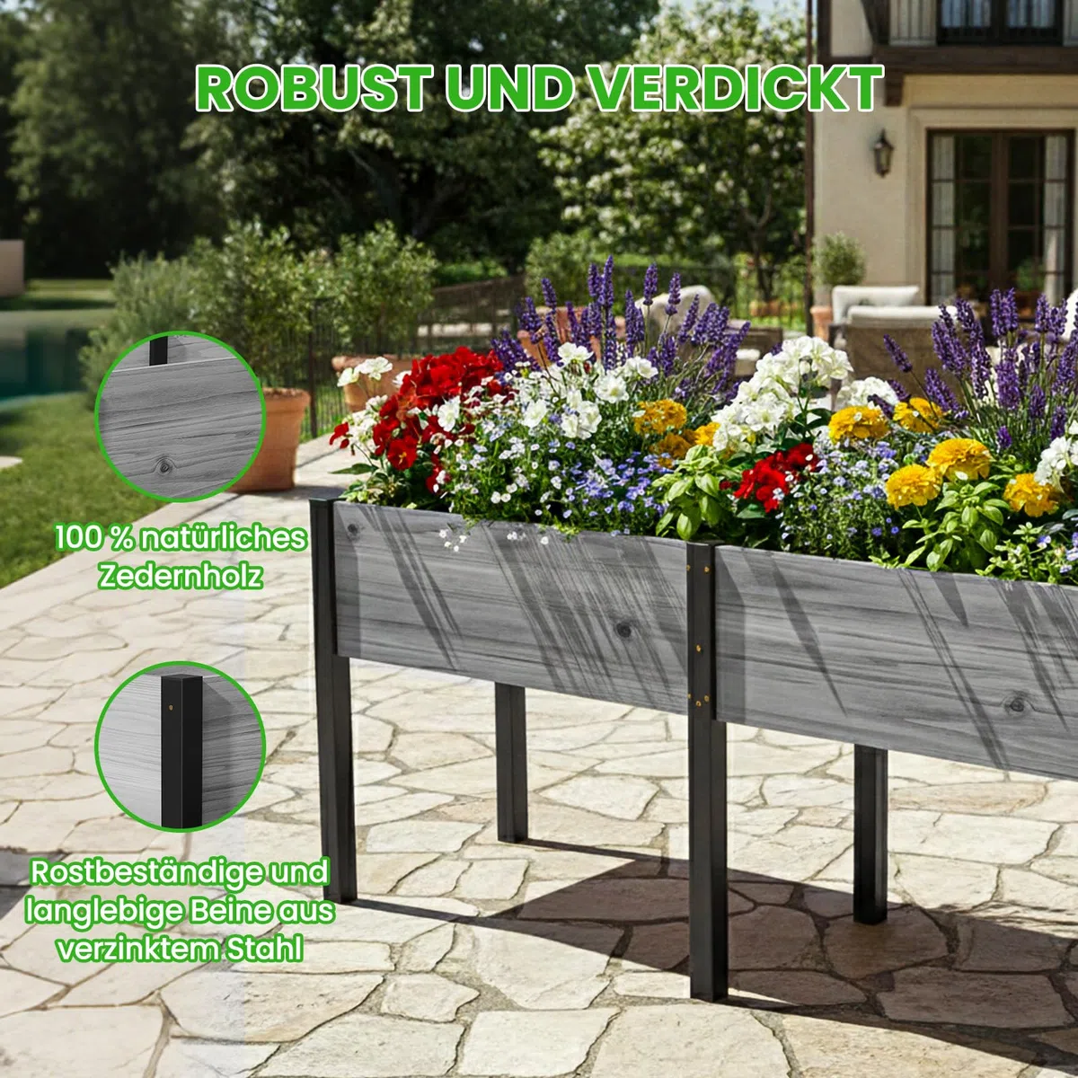 Hochbeet aus Holz - 180x60x80cm Großes Erhöhtes - Modern & Extrem Stabil Pflanzkasten & Blumenkasten - Pflanzbeet Kräuterbeet Blumenbeet für Garten Balkon Terrasse