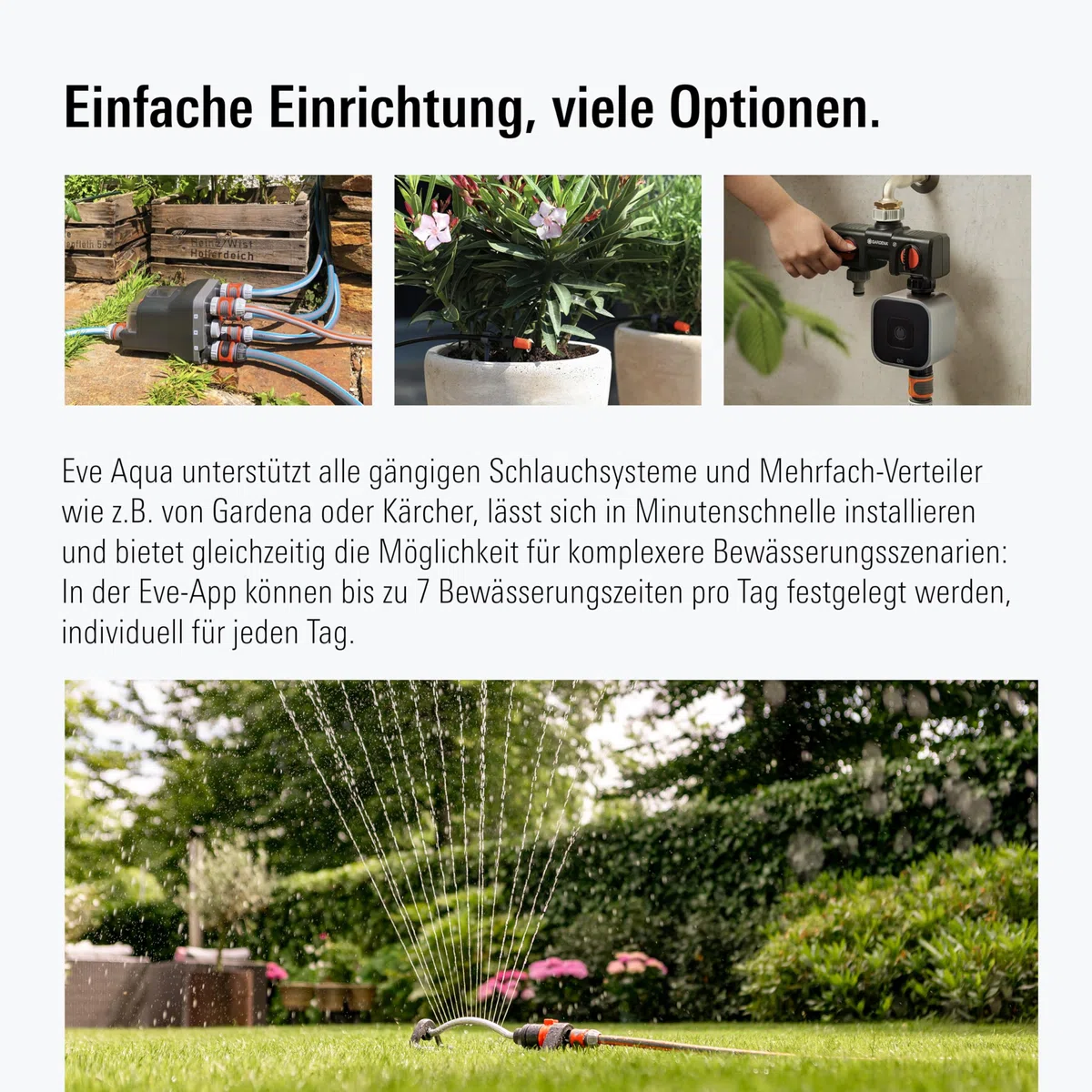 Eve Aqua (Apple Home): Smarte Bewässerungssteuerung per App oder Siri - auch von unterwegs, Garten/Balkon automatisch gießen, geeignet für Mehrfachverteiler, einfache Bedienung, Thread, Keine Bridge