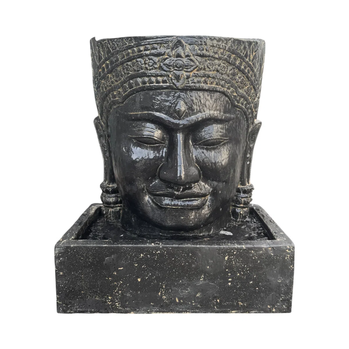Khmer Kopf Springbrunnen - Buddha Wasserfall Steinguss Wasserspiel (HxBxT: 57x48,5x28cm) - Entspannende Gartendekoration im Asiatischen Stil
