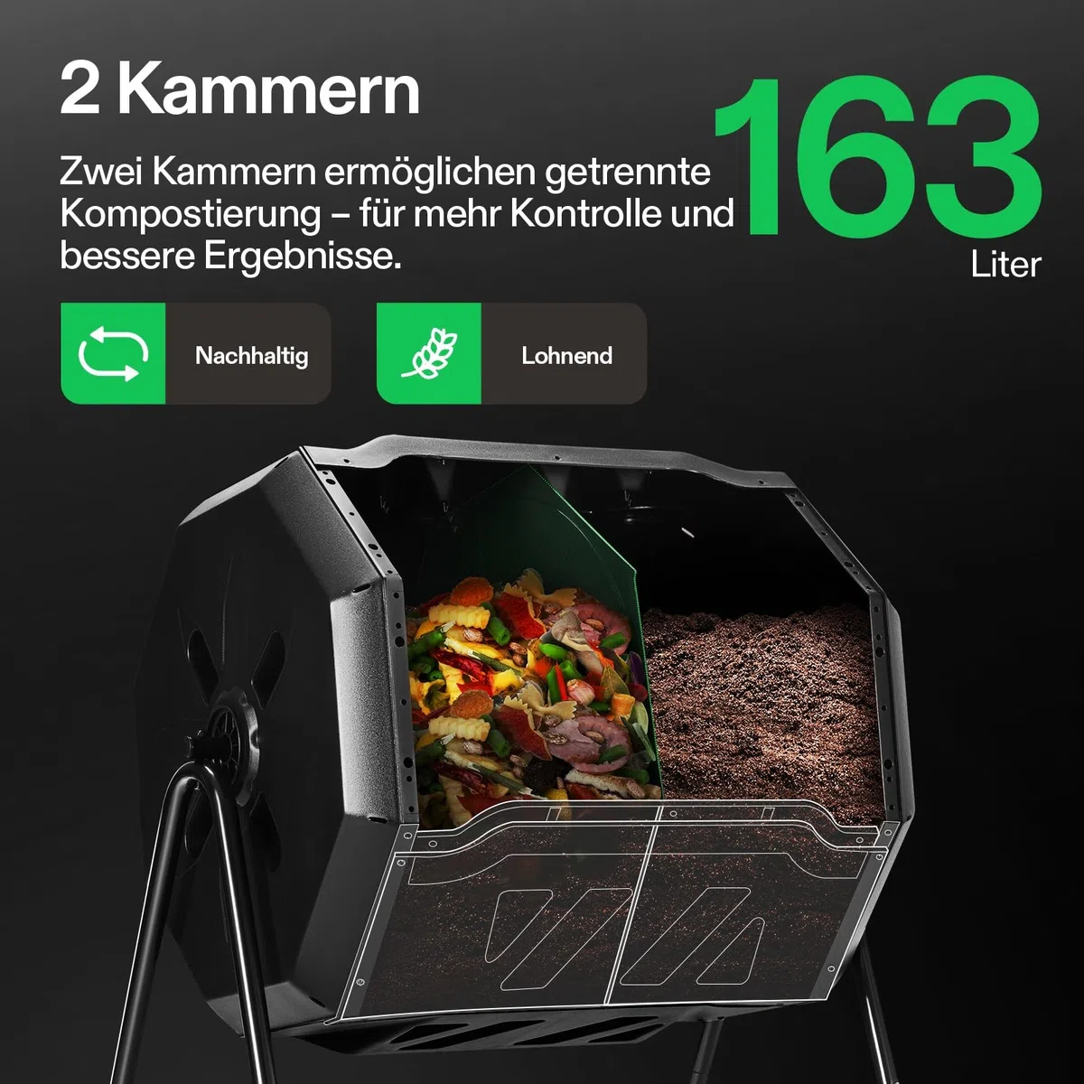 VIVOSUN Trommelkomposter 163L, Drehbarer Schnellkomposter mit 2 Kammern, Robuster Kunststoff Gartenkomposter mit Lüftungsöffnungen & Wasserdichten Gartenhandschuhen für Gartenabfälle