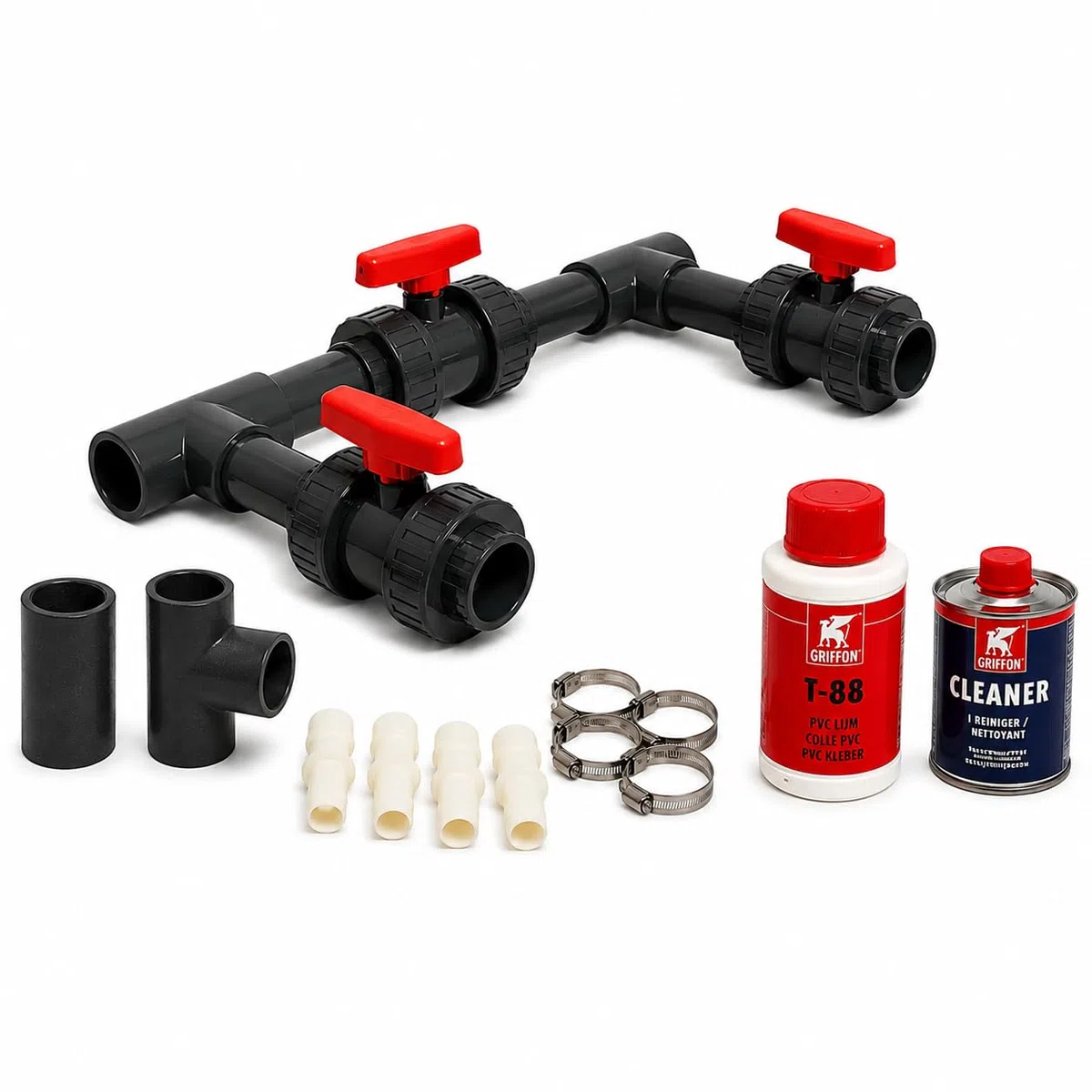 COIL Bypass-Kit für Schwimmbad-Wärmepumpen, universelles PVC 50 mm, Set mit 3 Kugelhähnen, Griffon-Kleber und Reiniger – Selbstmontage