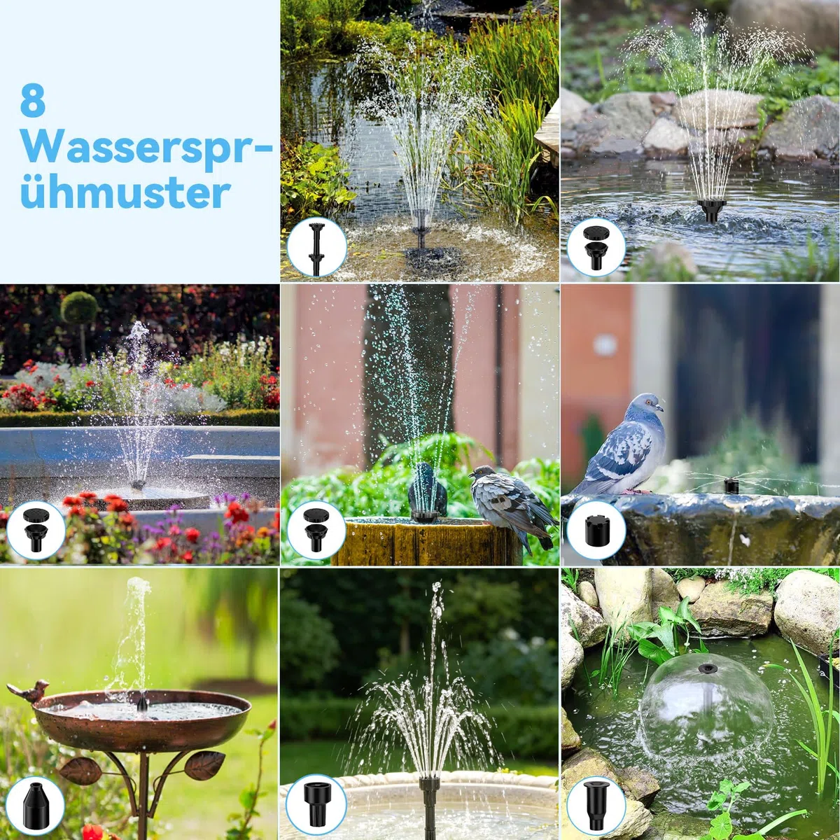POPOSOAP Solar Teichfilter mit Wasserbrunnen, 8W Solar Springbrunnen mit Filtrationssystem, 8 Sprühmodi & 3600mAh Backup-Batterie, für kleine Außen-Teiche, Vogeltränke und Wasserfeatures