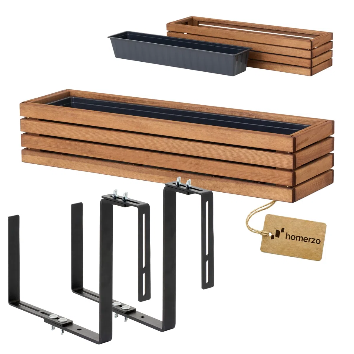 Holz Pflanzkasten Blumenkasten rechteckig – braun imprägniert, mit herausnehmbarem Kunststoff-Einsatz – Pflanzkübel für Balkon, Garten & Terrasse (Horizontal-braun, 86x23 H20 + Halter)