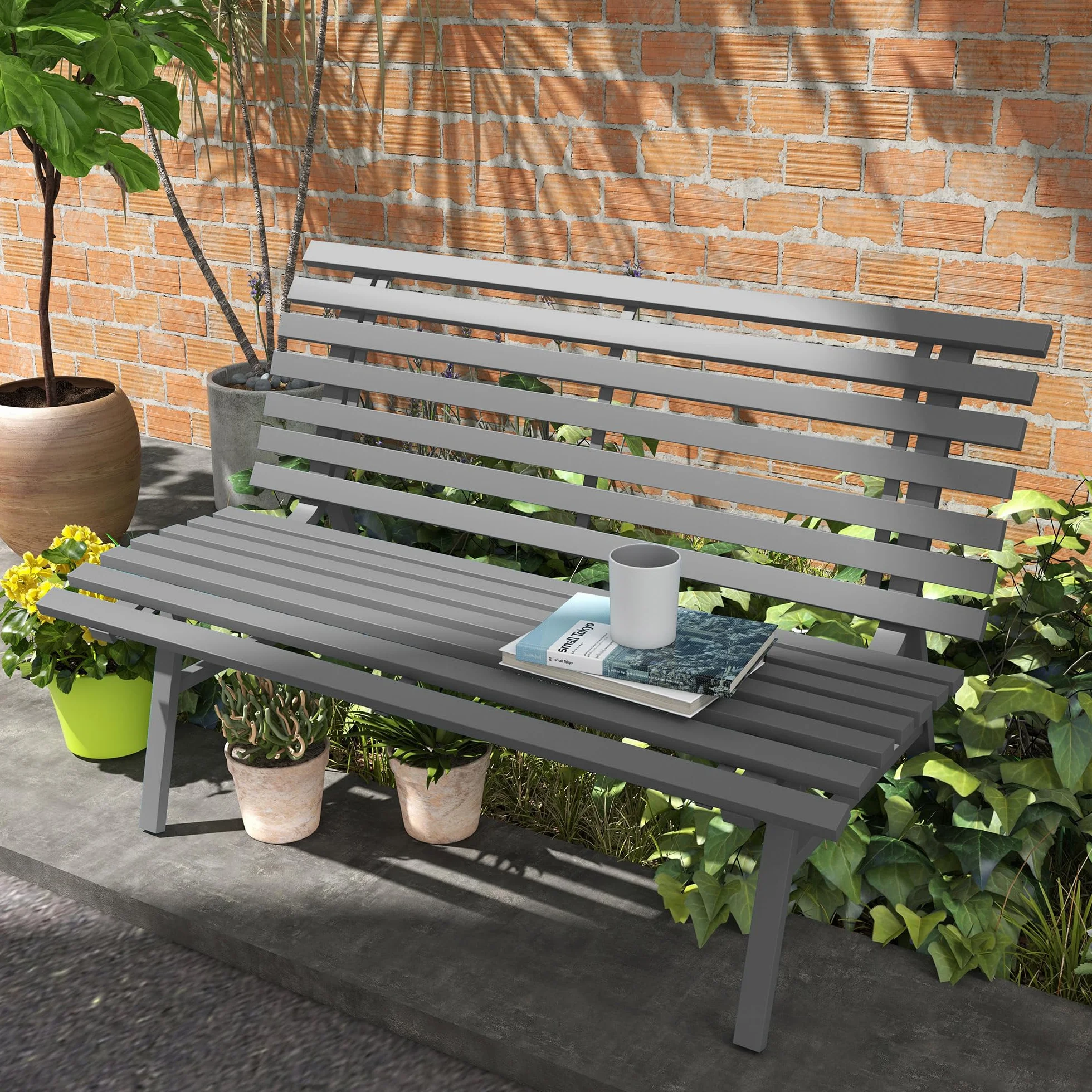 Outsunny 2-Sitzer Gartenbank Alu, wetterfest Sitzbank, UV-Beständig Gartenmöbel mit Lamellen-Design, Parkbank 240kg belastbar, Balkonbank für Balkon Terrasse, Garten, 123x67x79cm, Grau