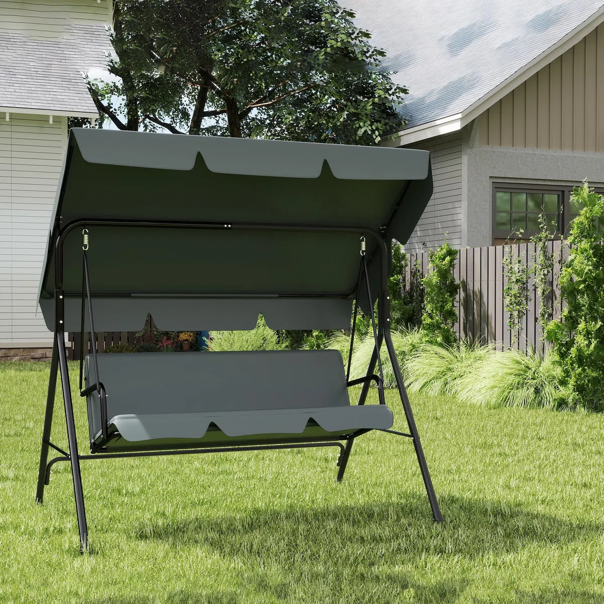 SUBTLETY Hollywoodschaukel 3 Sitzer für Familien, 193x110x152cm Gartenschaukel mit Verstellbarem Sonnendach & Liegefunktion, Pulverbeschichteter Stahlbank für Garten & Terrasse (Anthrazit)
