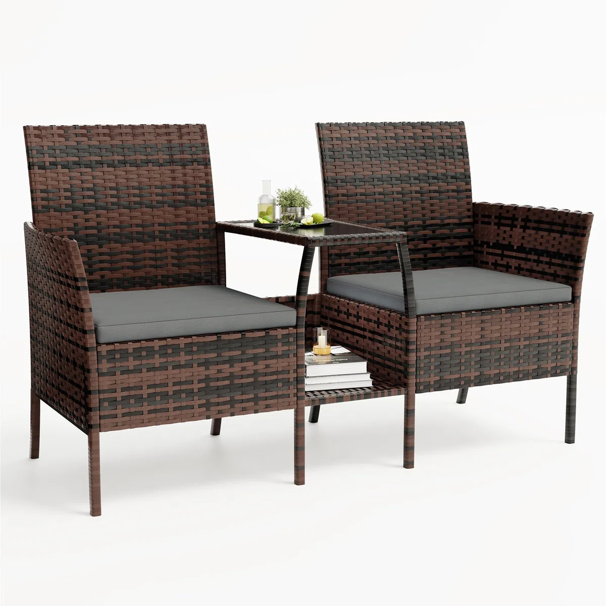 Amopatio Polyrattan Gartenbank, Outdoor Sitzbank mit Tisch & Ablage, Gartenmöbel Rattan Gartensofa, Wetterfest & UV-beständig Balkonbank Sitzgruppe für Garten, Balkon, Braun