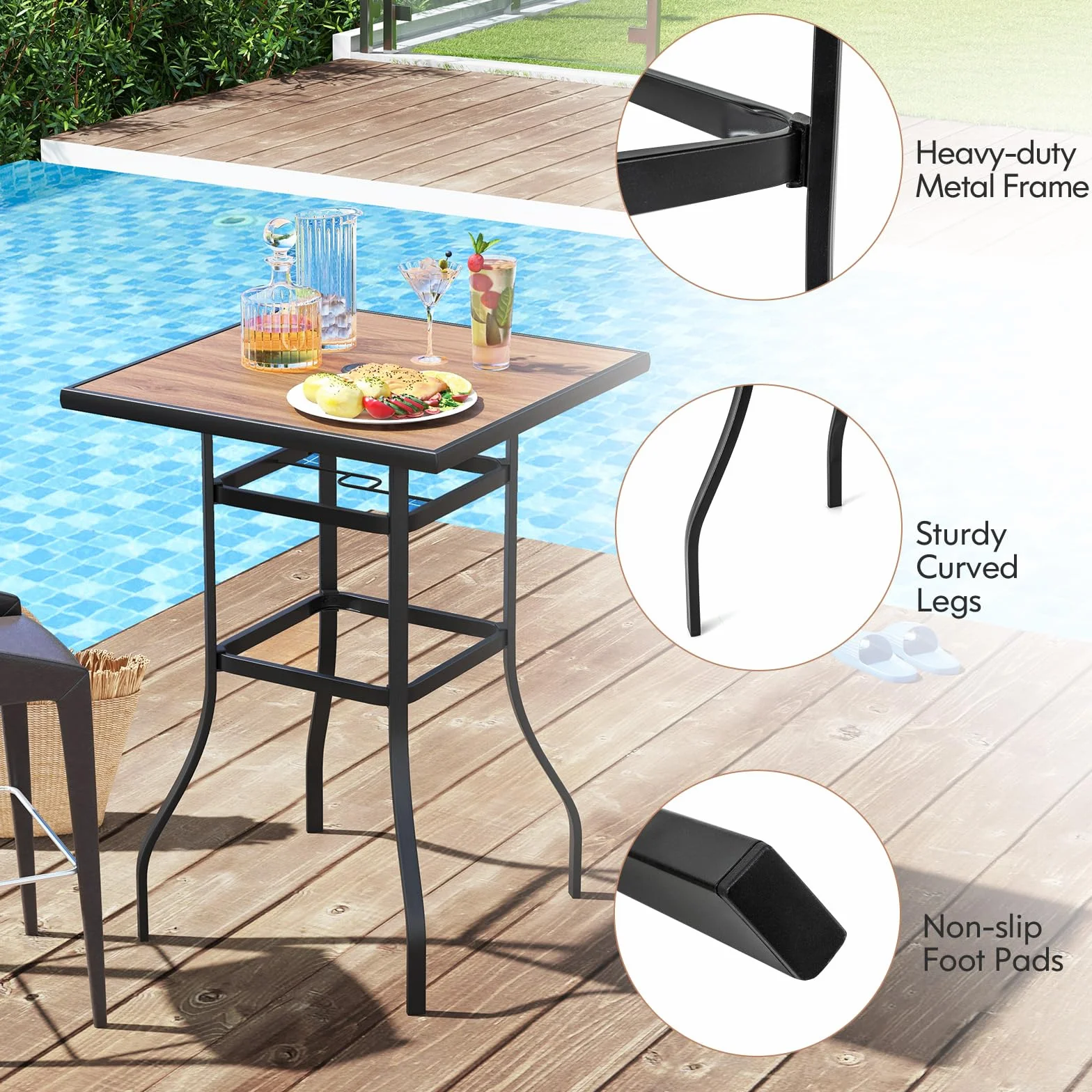 KOMFOTTEU Gartentisch mit Schirmloch, Bistrotisch quadratisch 70 x 70 x 102 cm, Bartisch aus Metall, Stehtisch Balkontisch für Bistro, Garten, Hof
