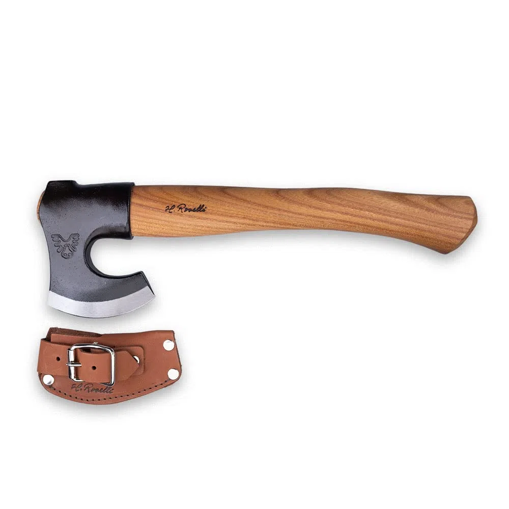 H. Roselli Carbon-Stahl-Axt R860D mit kurzer Schaft aus roter Ulme für Garten, Wald & Camping - Zum Holzspalten, Hacken & Entstehen mit Klingenschutz aus Leder