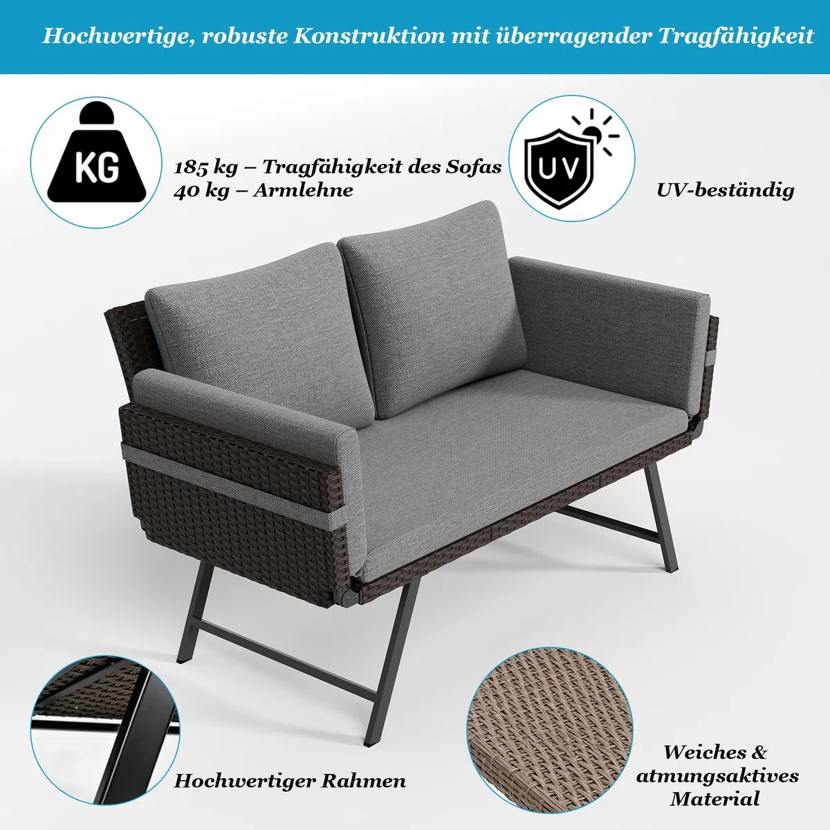 Gartensofa 2 Sitzer mit Liegefunktion, Verstellbare Couch klappbarer Armlehnen, Outdoor schlafsofa mit Kissen, Polyrattan Gartenbank Lounge Sofa für balkonmöbel,Terrasse, Gartenmöbel (Dunkel)