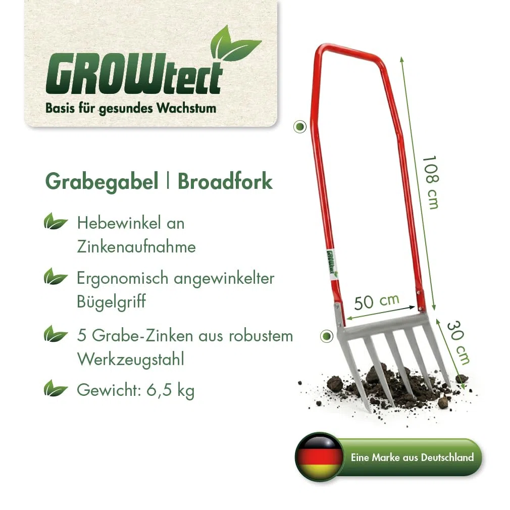 Broadfork | Doppelgrabegabel | Grelinette – Robuste Gartengabel mit 5 Zinken für effektive Tiefenlockerung und Bodenbelüftung | Rückenschonende Beetbearbeitung Dank optimaler Hebelwirkung