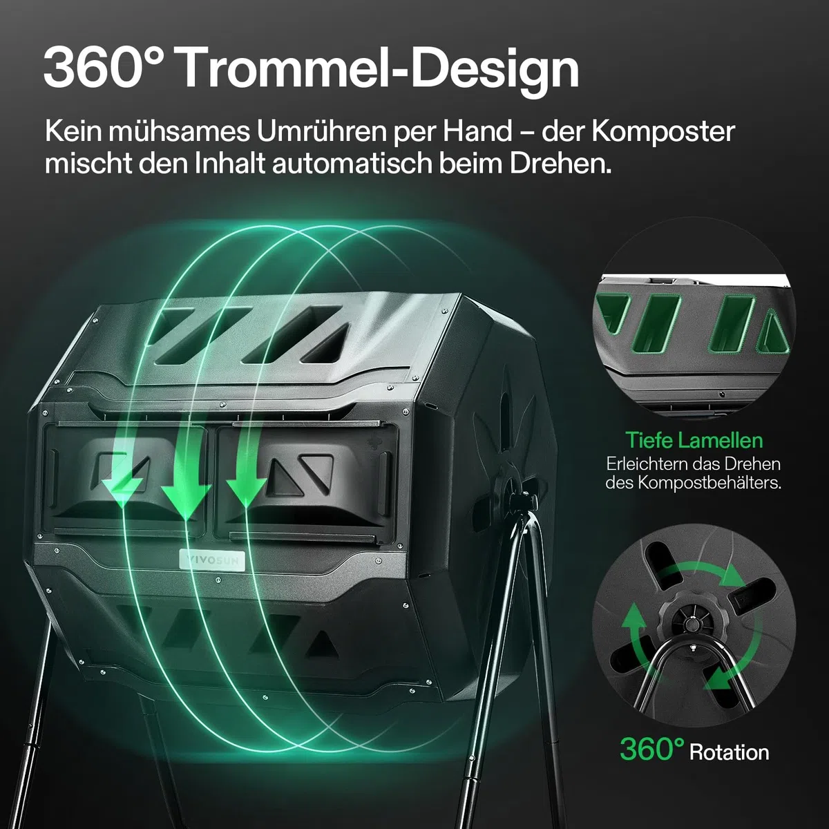 VIVOSUN Trommelkomposter 163L, Drehbarer Schnellkomposter mit 2 Kammern, Robuster Kunststoff Gartenkomposter mit Lüftungsöffnungen & Wasserdichten Gartenhandschuhen für Gartenabfälle