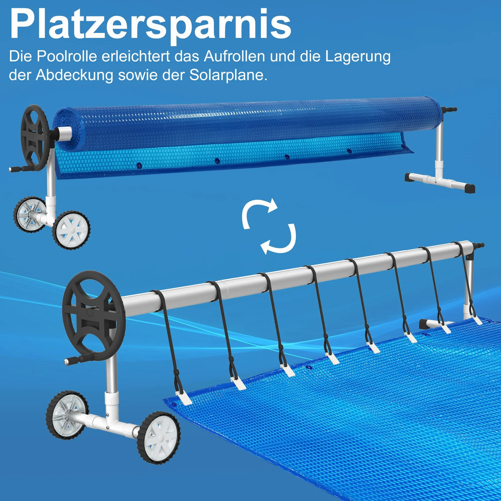 UISEBRT Pool Aufroller Mobiles Poolfolienaufroller 3m - 5,70m für Poolplane, Aufrollvorrichtung mit Befestigungsbändern & Rädern