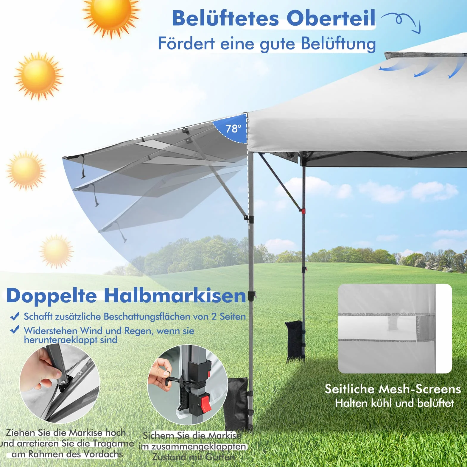 COSTWAY 3x3m Pop Up Pavillon mit Zwei Markisen, Faltpavillon mit Rolltasche, 4 Sandsäcke, UV-Schutz 50+, Gartenzelt faltbar, Partyzelt wasserdicht stabil Winterfest, Gartenpavillon für Garten (Weiß)