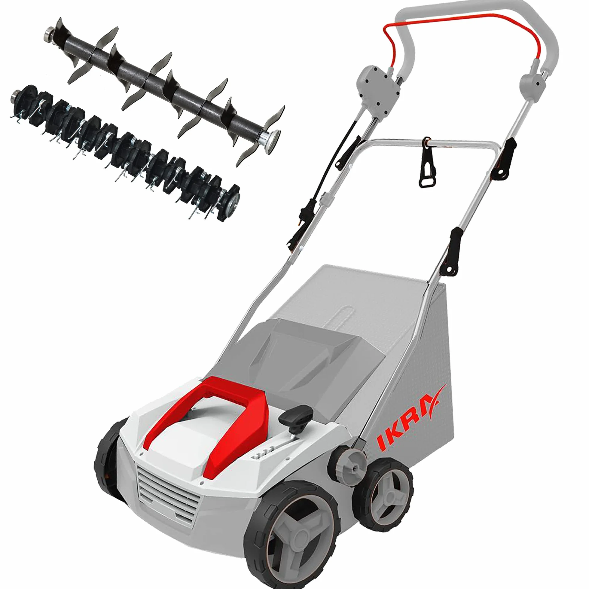 IKRA Elektro Vertikutierer Rasenlüfter IEVL 1838, Arbeitsbreite 38cm, 1800W | Fangkorb 40l, Arbeitstiefe +5 bis –12 mm, werkzeugloser Walzenwechsel, 2in1 Gerät lässt sich auch ohne Fangbehältnis nutzen