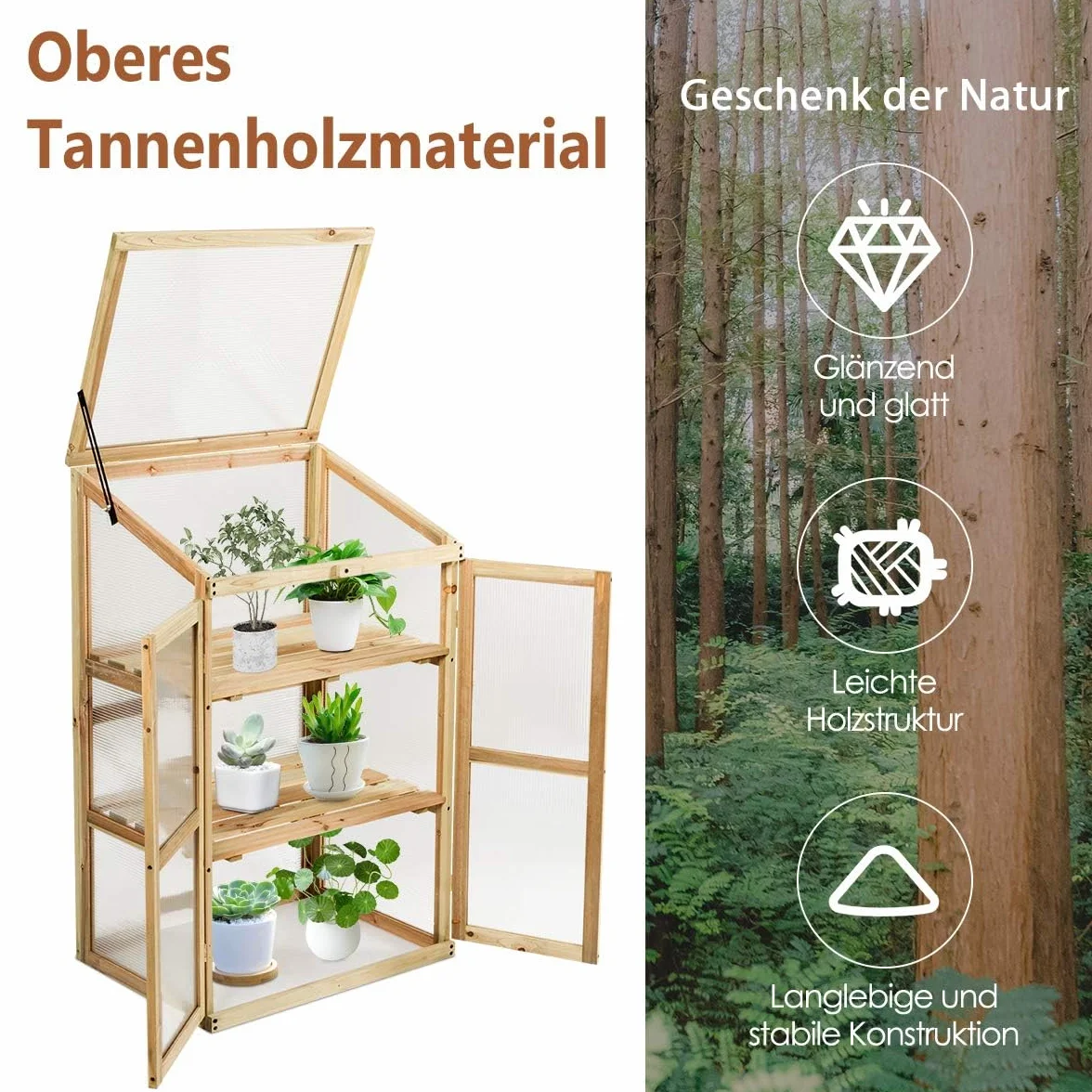 FANTASK 3 Etagen Frühbeet Holz, Hochbeet wetterfest, Gewächshaus mit 2 Türen & Deckel, Polycarbonat-Fenster, Pflanzenbeet Aufzuchtschrank Treibhaus, 60 x 45 x 100 cm, Natur