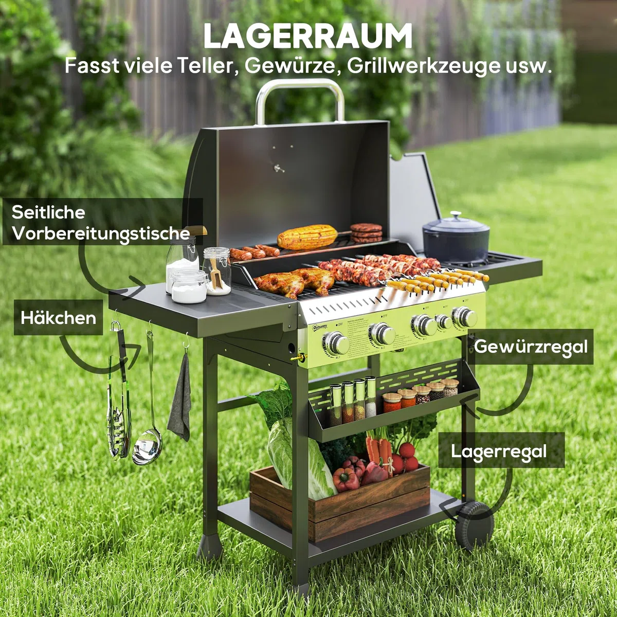 Outsunny Gasgrill 12 KW 4+1 Brenner BBQ Grillwagen aus Edelstahl mit Seitenbrenner, Thermometer, Grillrost, Kochfeld, Flaschenöffner und Seitenablagen Gasgrill für Camping Balkon 135 x 55 x 103cm