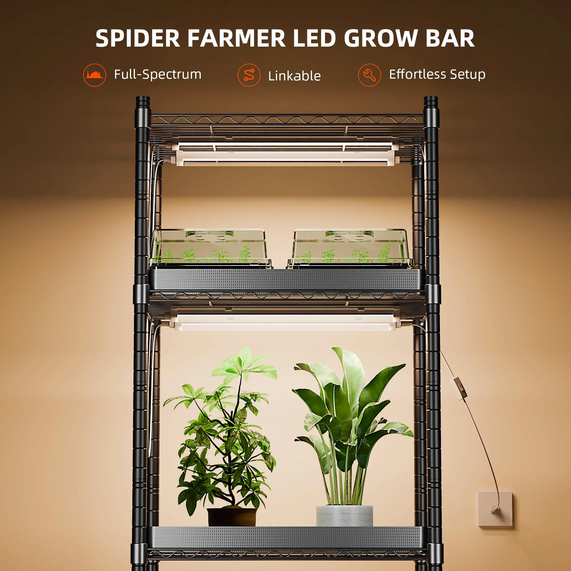 Spider Farmer Pflanzenlampe LED Vollspektrum(3000K+5000K+660nm), 40W (4x10W,Äquivalent 200W) mit 3 Helligkeitsstufen & Verkettungsfunktion, IP65 Wasserdicht, für Zimmerpflanzen, 30.5cm Länge, 4er-Set