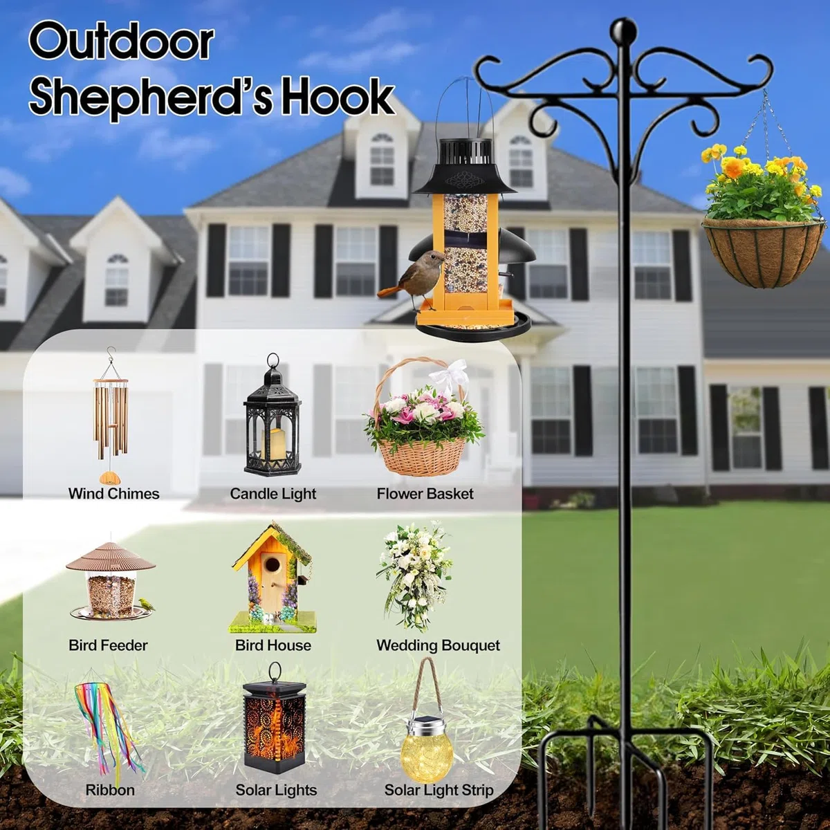 Shepherd Hooks for Outdoor Use, 92 Zoll verstellbarer doppelter Hirtenstab, 234 cm lange Wildvogelfutterstangen und -aufhänger, freistehende Futterstation für den Garten(92in E, 1)