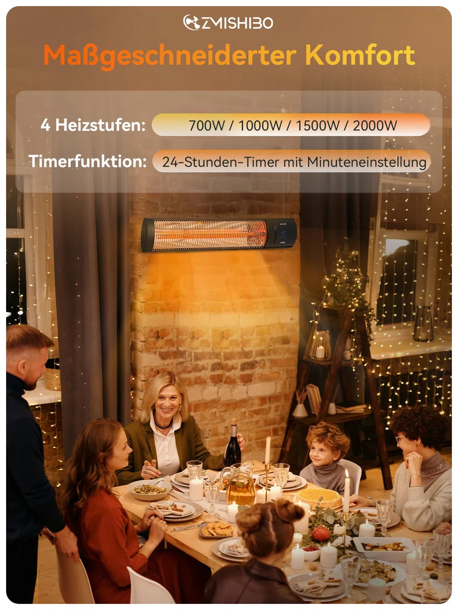 ZMISHIBO Infrarot Heizstrahler 2000W, 4 Heizstufen, IP65 für innen & außen, Wand- & Deckenmontage, mit APP, LED-Display, Fenster-Offen-Erkennung & Kindersicherung