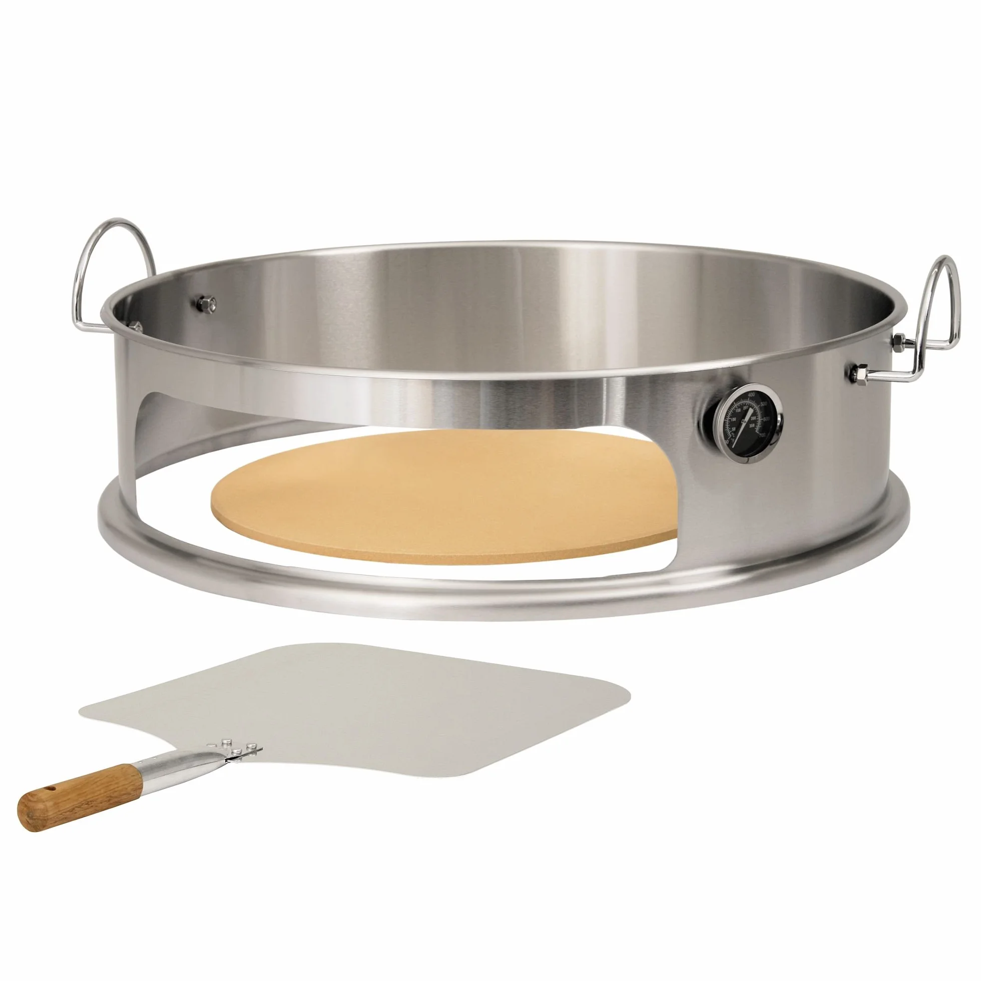BBQ-Toro Edelstahl Pizza Element Ø 57 cm Kugelgrill Pizzaeinsatz mit Schaufel Pizzastein Thermometer