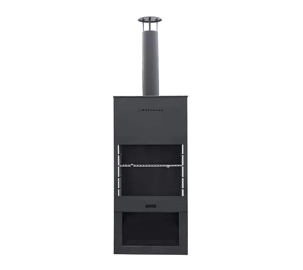 WESTMANN Terrassenofen & Grill | 70x41x229 cm Schwarz | Gartenkamin aus pulverbeschichtetem Stahl | Feuerstelle für Garten & Terrasse